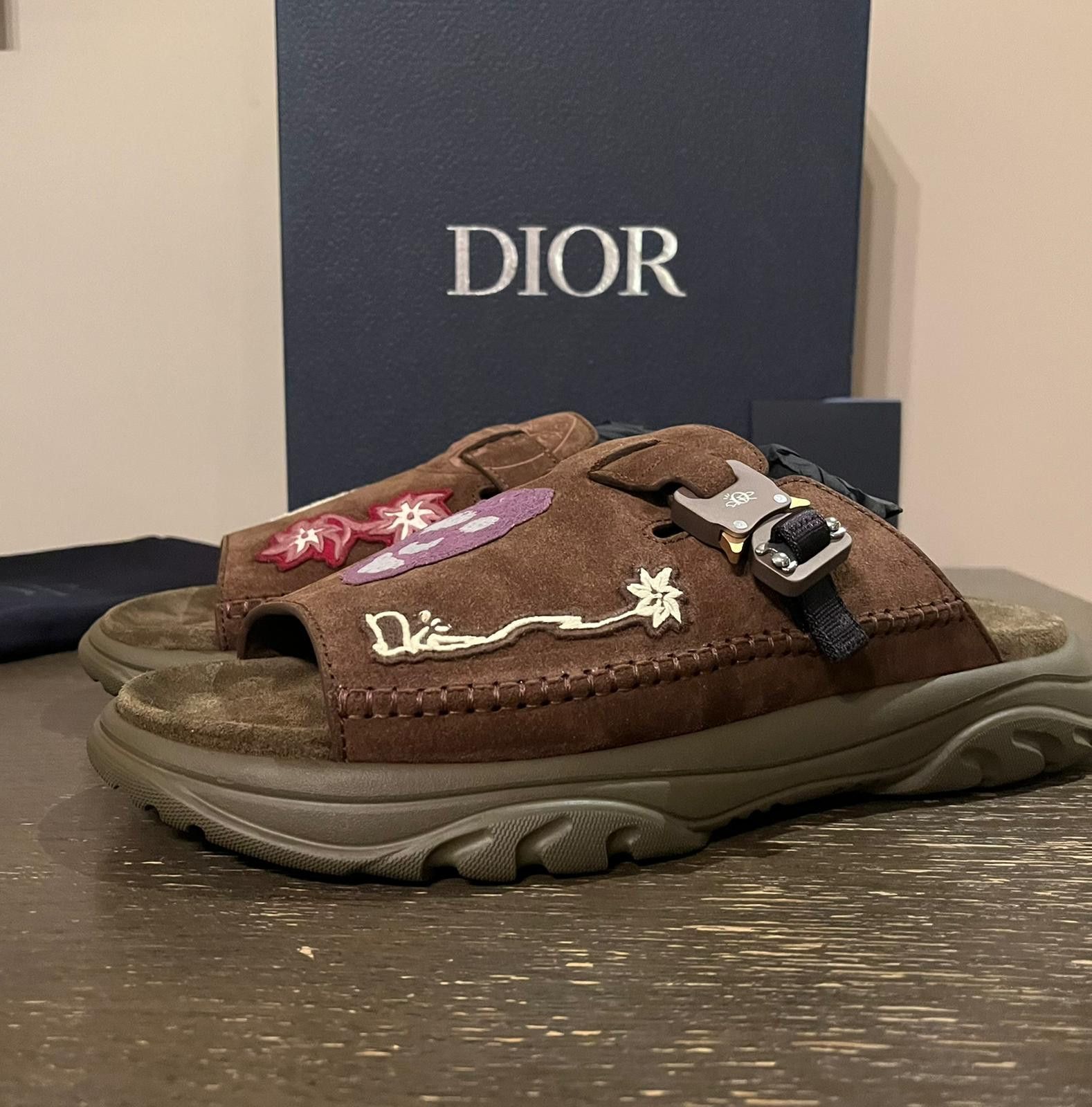 image of Dior x Travis Scott Q.2 Cactus Jack H-Town Sandals Suede Embroidered In Brown, Men's (Size 11)