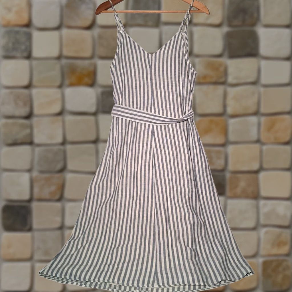 Vintage American Eagle Outfitters Dress M Blue White Stripe Belted Button Sundress Size M / US 6-8 / IT 42-44 - 1 Thumbnail
