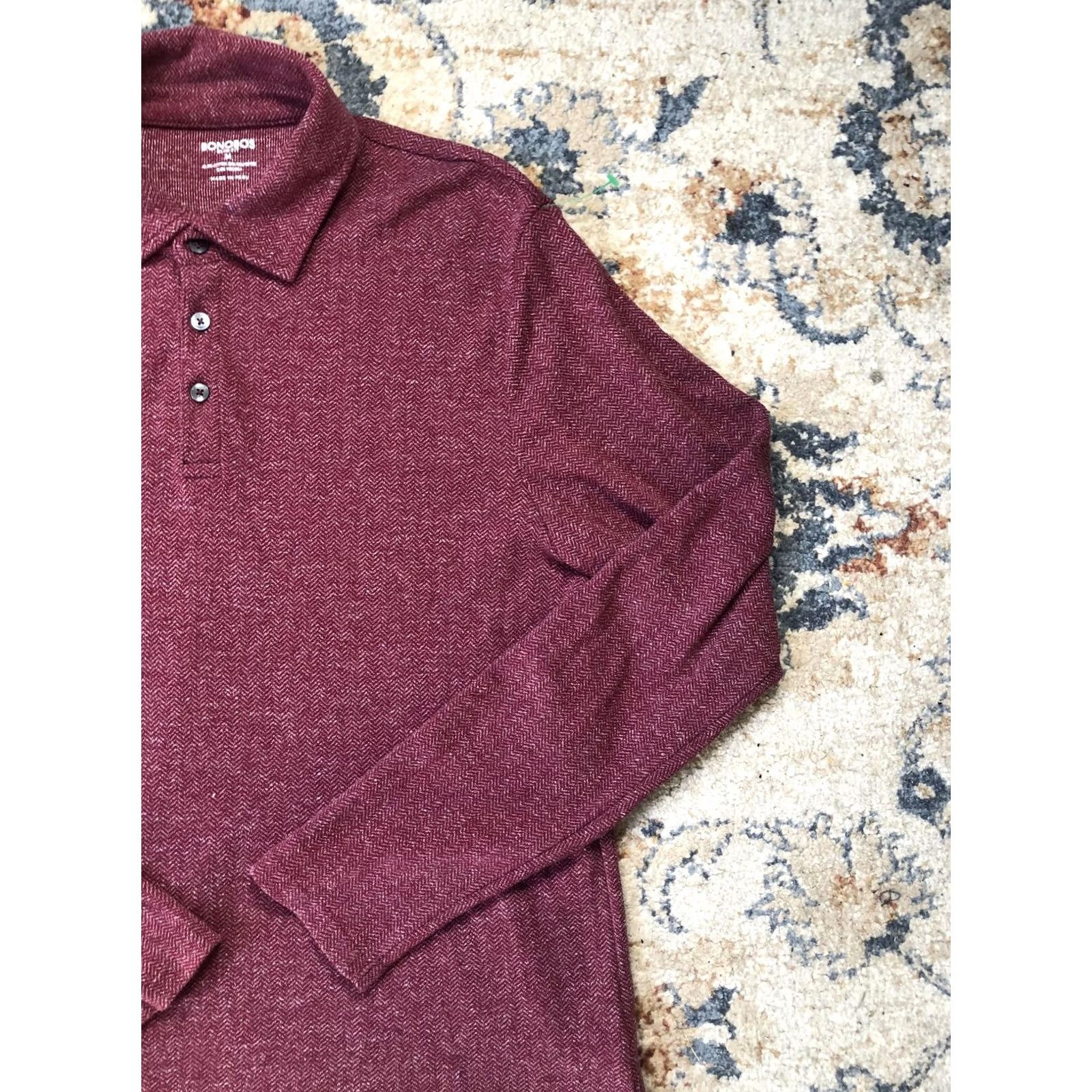 Bonobos Bonobos Polo Shirt Mens M Burgundy Long Sleeve Slim Fit Herringbone Knit Polo Shirt Slim Fit Mens Burgundy Red Knit Collar 3-Button Casual Business Size US M / EU 48-50 / 2 - 4 Thumbnail
