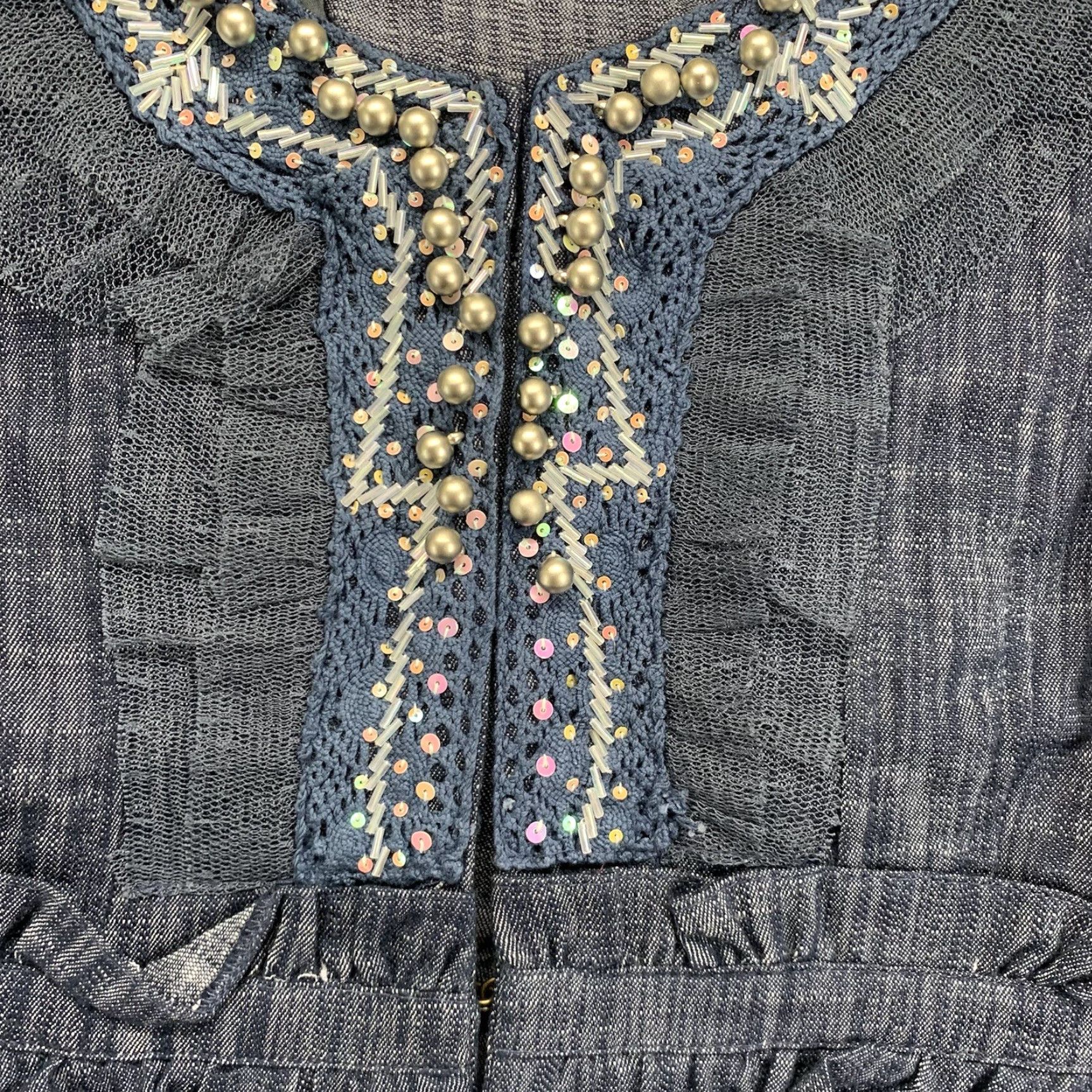 Denime Women's Denim Top Small Crop Super Detailed Beaded Neckline Dark Indigo Stretch Size S / US 4 / IT 40 - 6 Thumbnail