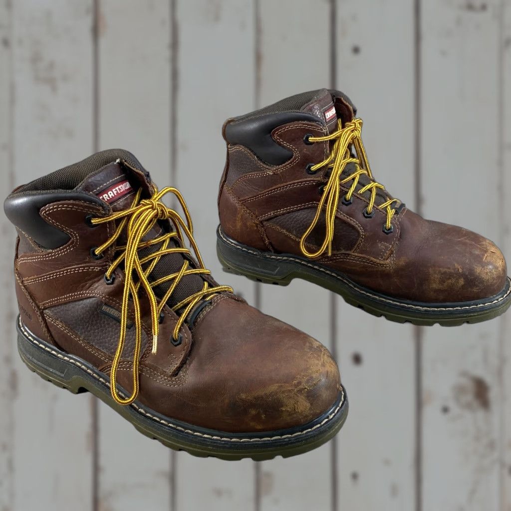 Vintage Craftsman Mens 11 W Work Boots Krypt Safety Toe Waterproof Brown Leather Lace Up Boots Mens 11 Brown Leather Waterproof Safety Toe Krypt Work Boots Size US 11 / EU 44 - 1 Thumbnail