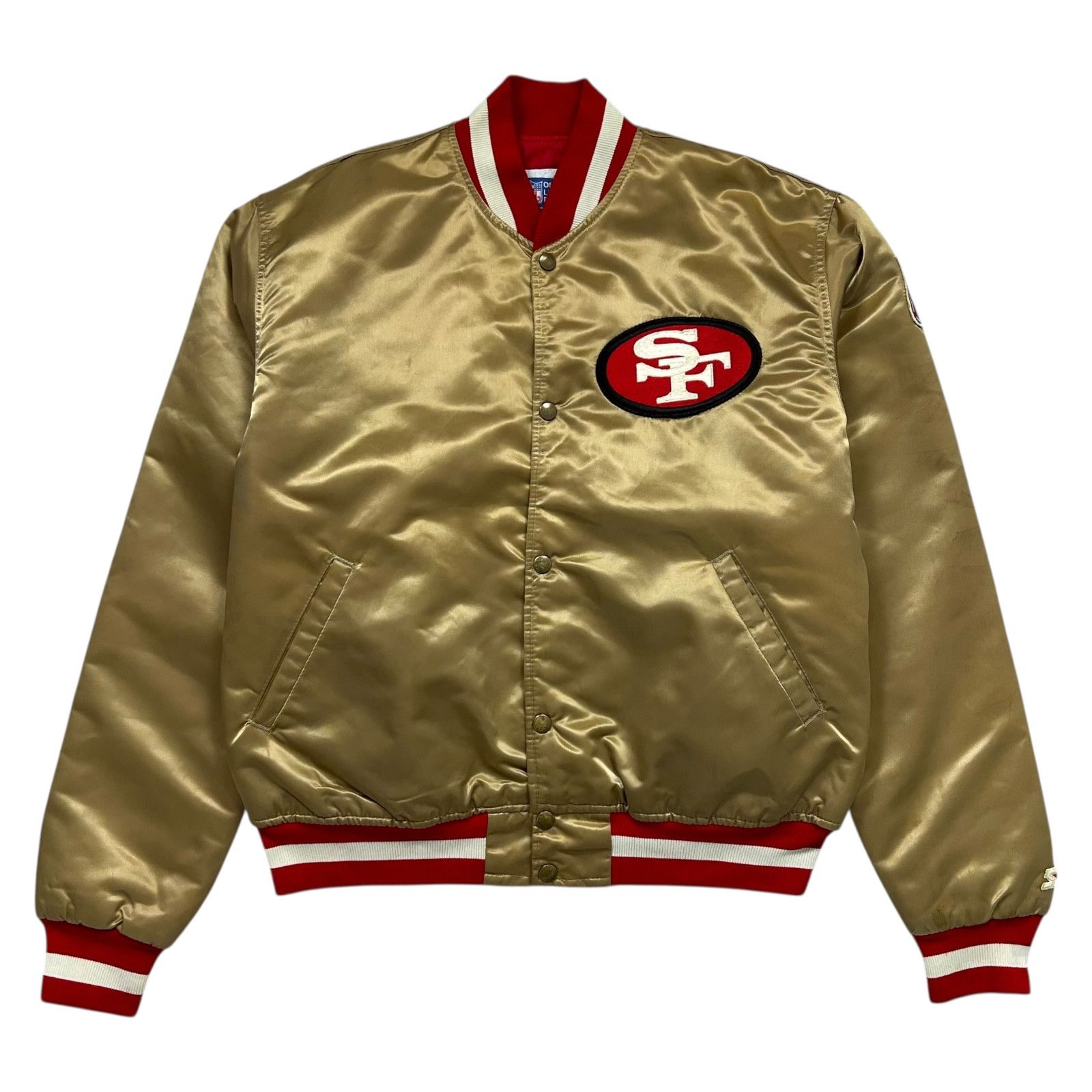 NFL × Starter × Vintage 90s SAN FRANCISCO 49ERS SATIN BOMBER JACKET SPELL OUT Size US L / EU 52-54 / 3 - 2 Thumbnail
