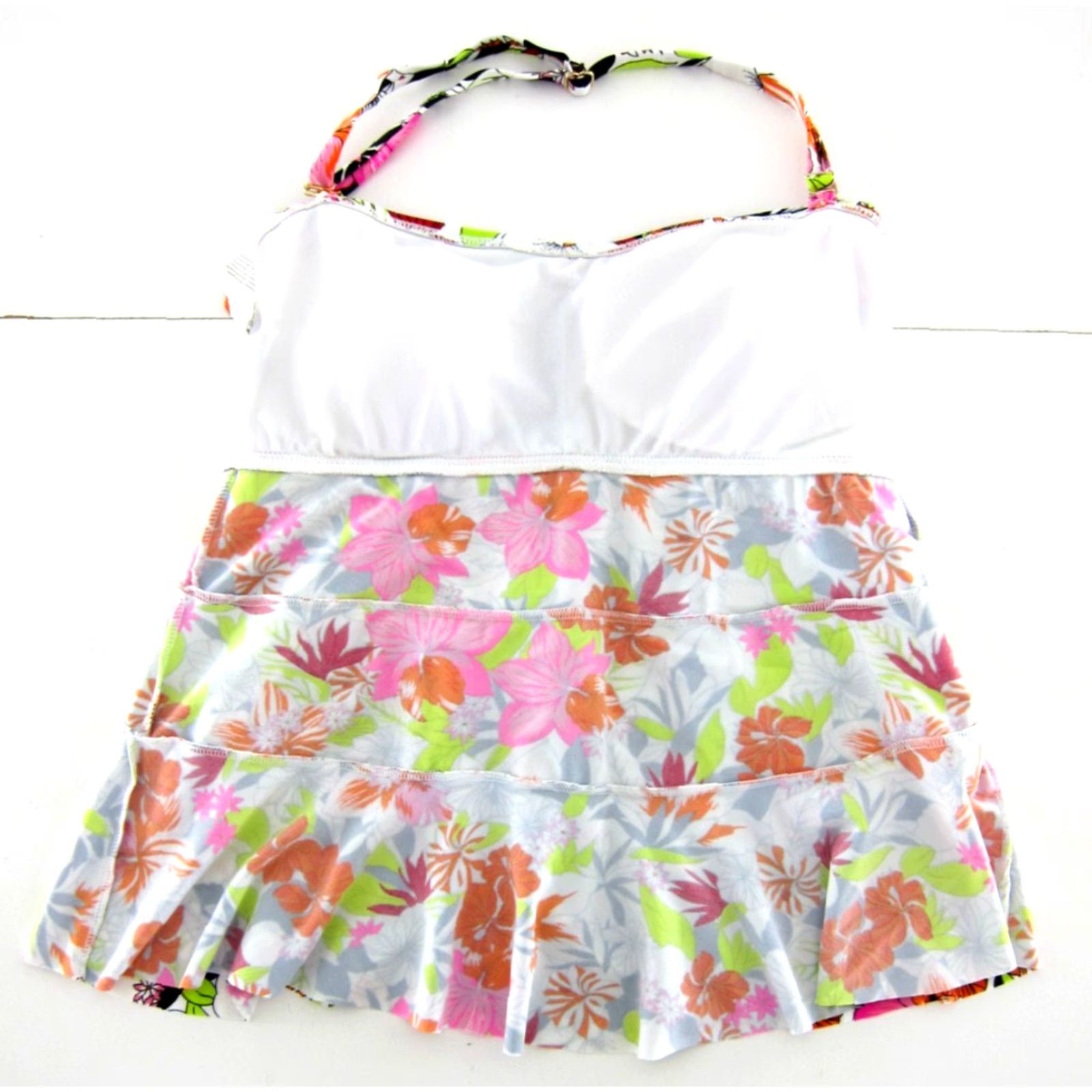 Vintage Island Escape Tankini Swim Top Built In Bra 12 White Pink Green Floral Tropical Size XL / US 12-14 / IT 48-50 - 4 Thumbnail