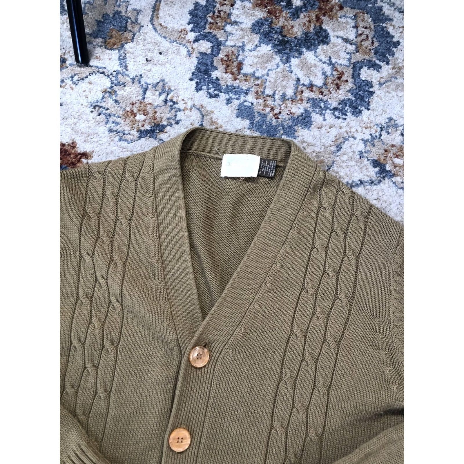 JCPenney VINTAGE JCPenney Sweater Cardigan Mens Large Green Cable-Knit Pockets 80s Size US L / EU 52-54 / 3 - 6 Thumbnail