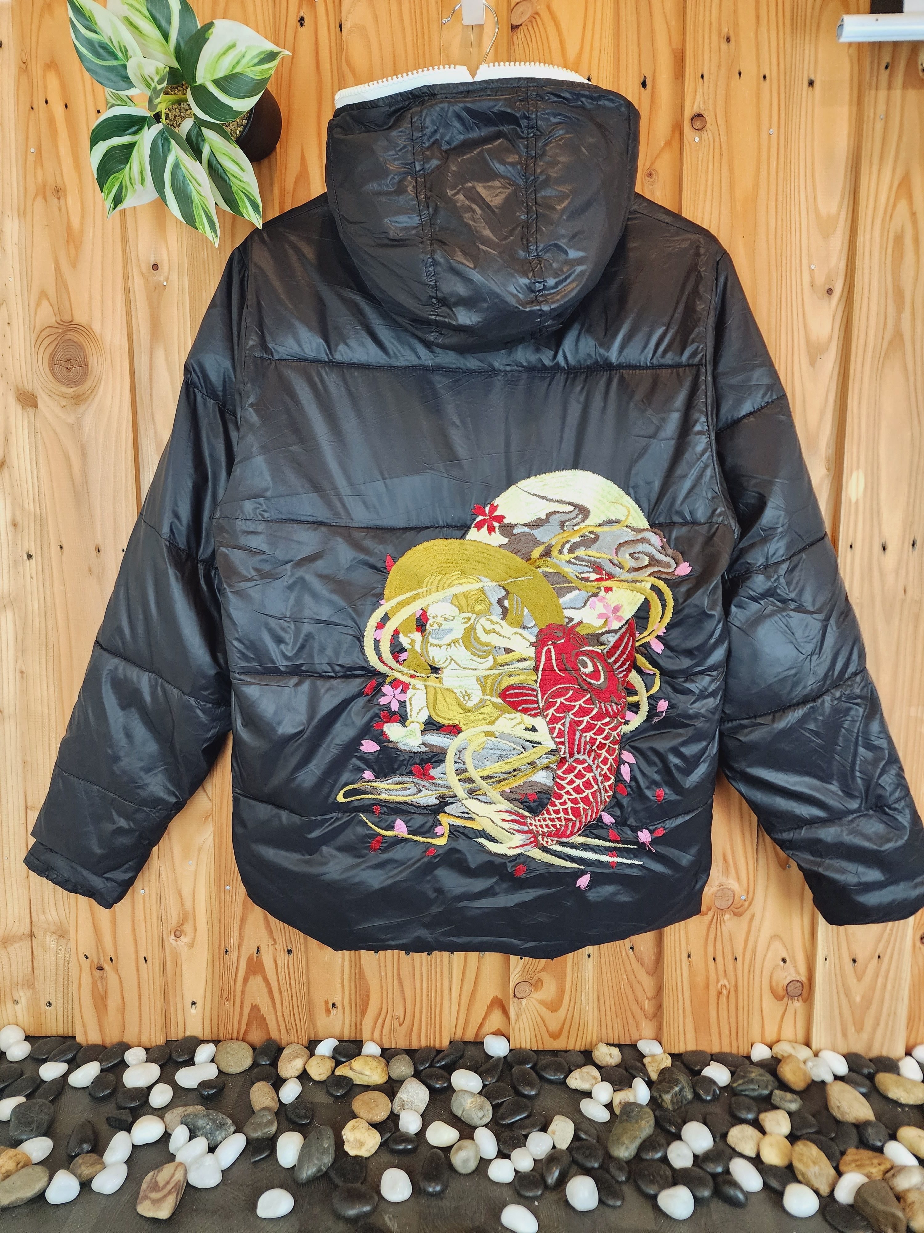 image of Sukajan Souvenir Jacket x Vintage Sukajan Puffer Jacket Karakuri Tamashi Embroidered in Black (Size