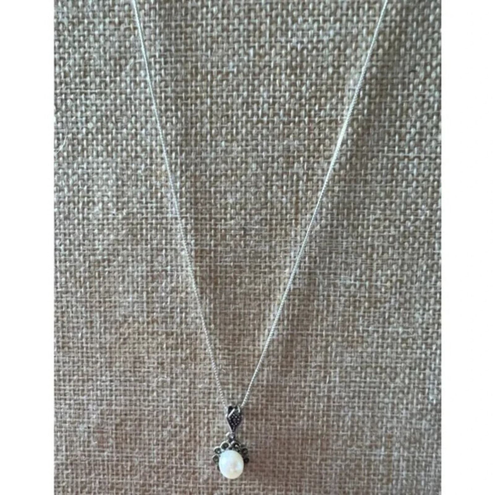 Other 925 Sterling Silver Real Pearl & Marcasites Necklace 18” Size ONE SIZE - 2 Thumbnail