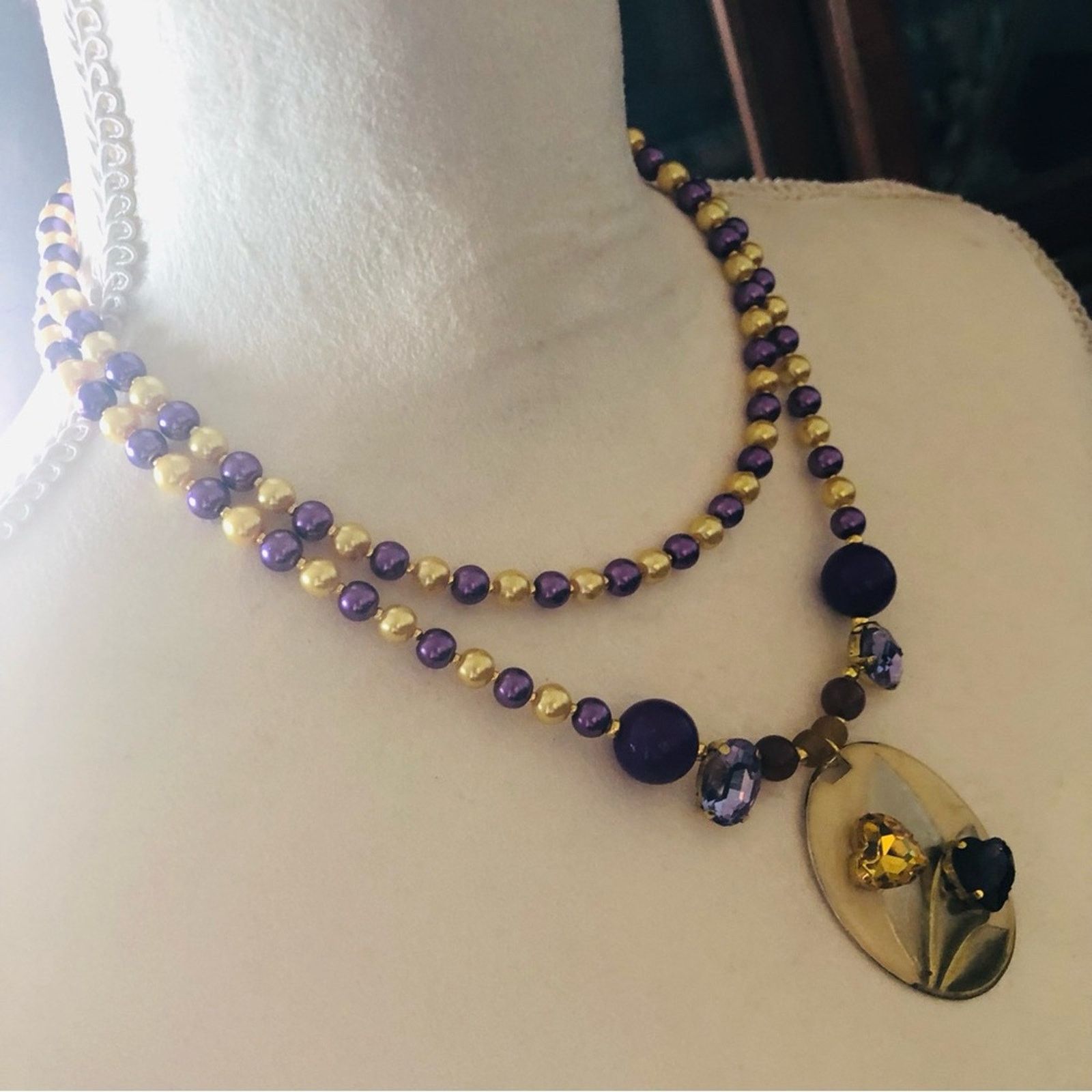 Handmade Handcrafted repurpose purple and gold glass Pearl necklace Size ONE SIZE - 3 Thumbnail