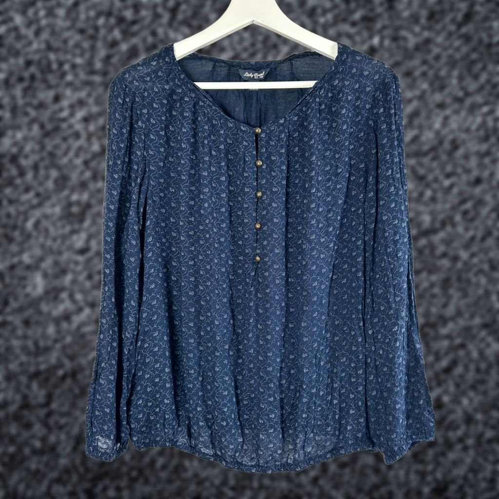 Lucky Brand Lucky Brand Women's Blouse Indigo Vine Print Long Sleeve Peasant Top Large Boho Size L / US 10 / IT 46 - 1 Thumbnail