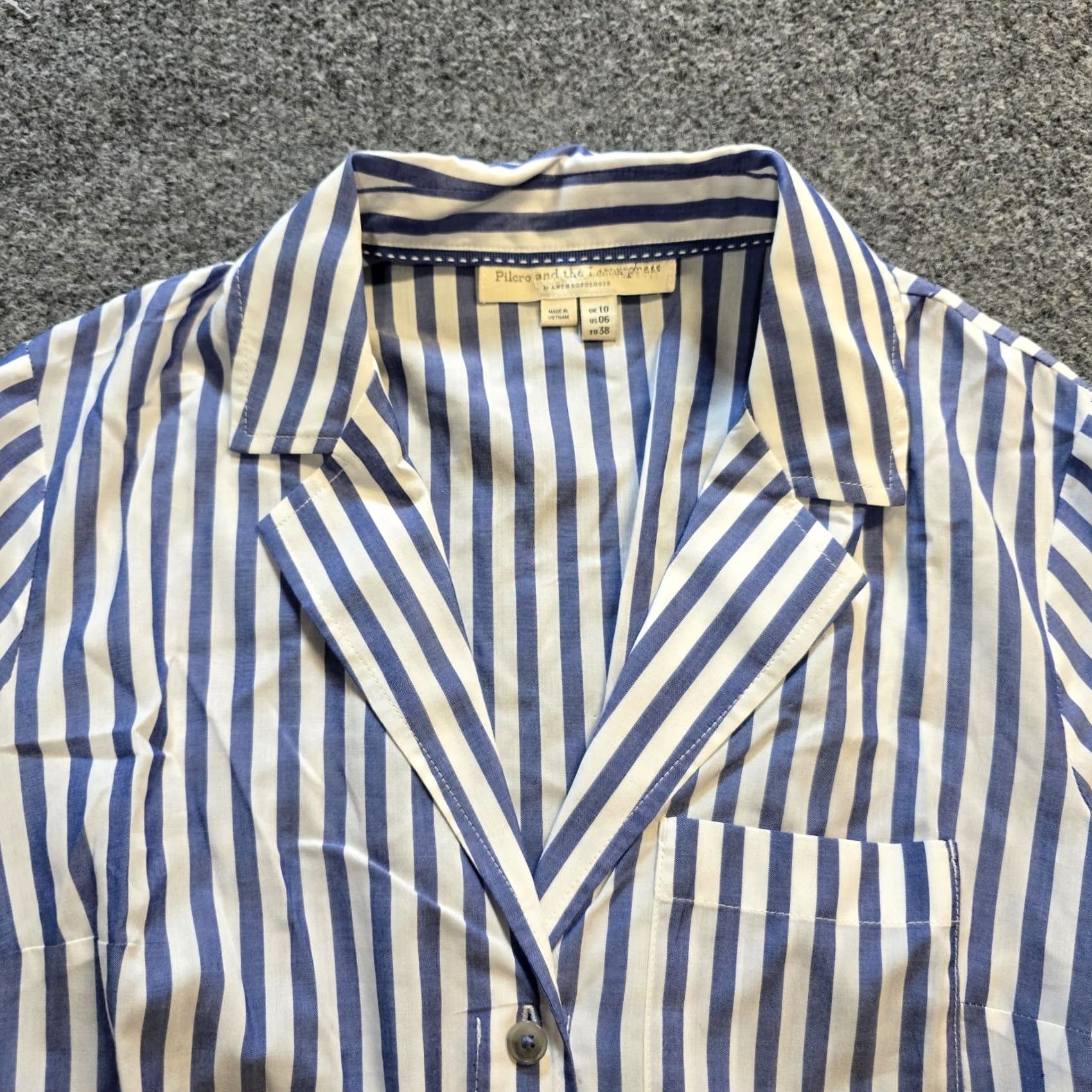 Vintage Pilcro Top Womens Size 6 Blue White Striped Laced Back Button Career Capsule Blouse Shirt Size M / US 6-8 / IT 42-44 - 2 Thumbnail