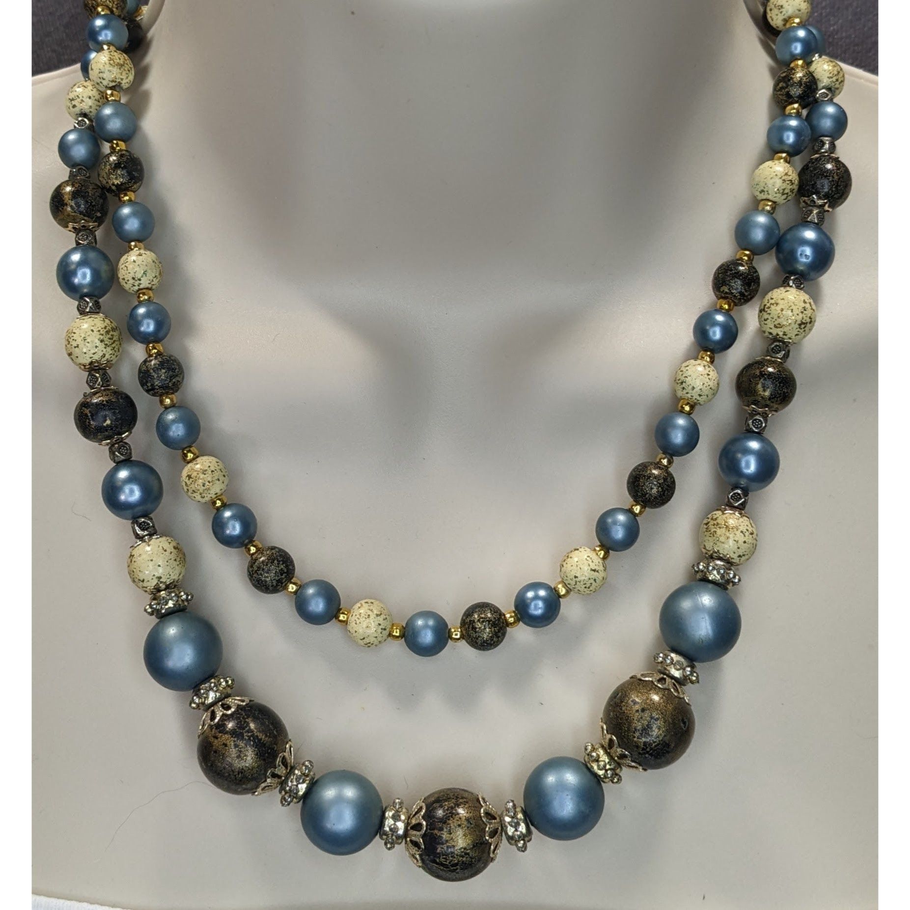 Handmade Vintage Handmade Blue Cream And Gold Double-Strand Beaded Ne Size ONE SIZE - 3 Thumbnail