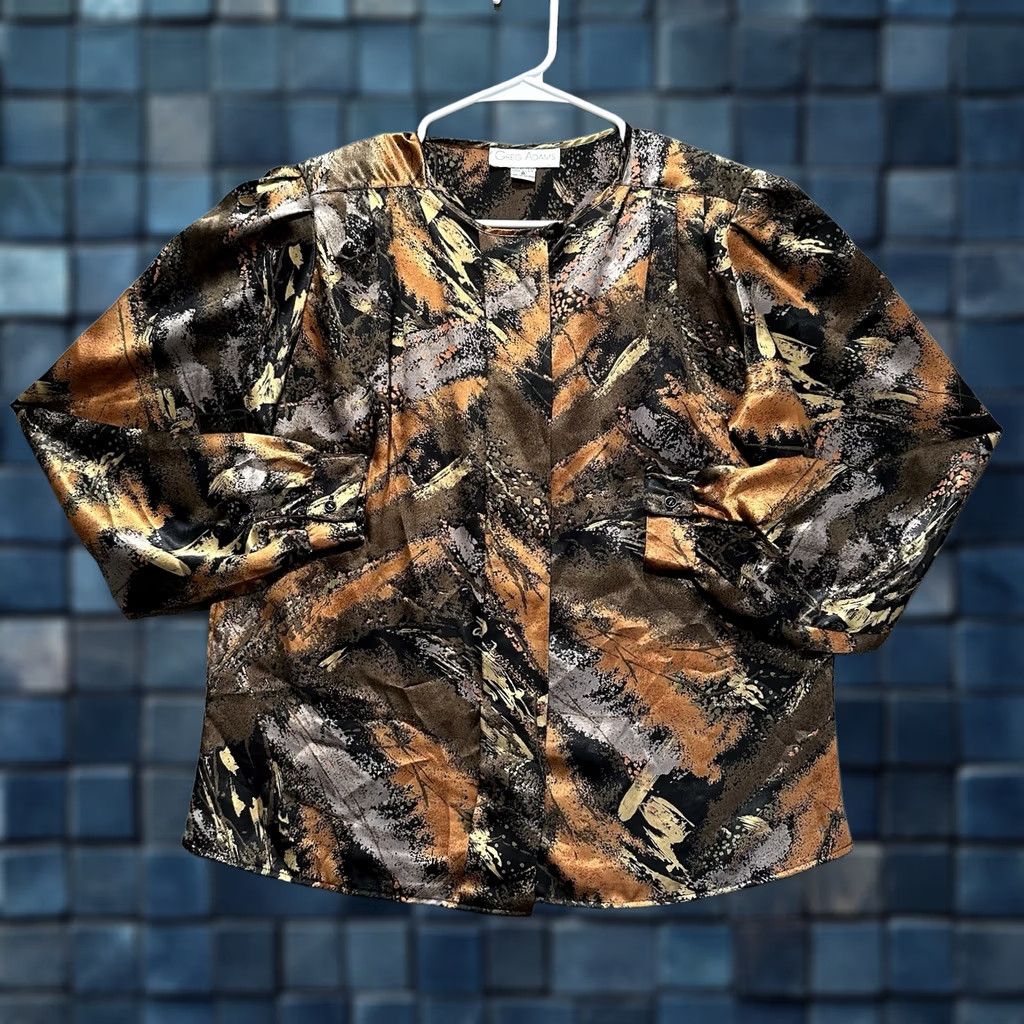 Vintage VINTAGE Greg Adams Shirt Womens 8 Bronze Black Geometric Abstract Button Front EUC Size M / US 6-8 / IT 42-44 - 1 Thumbnail