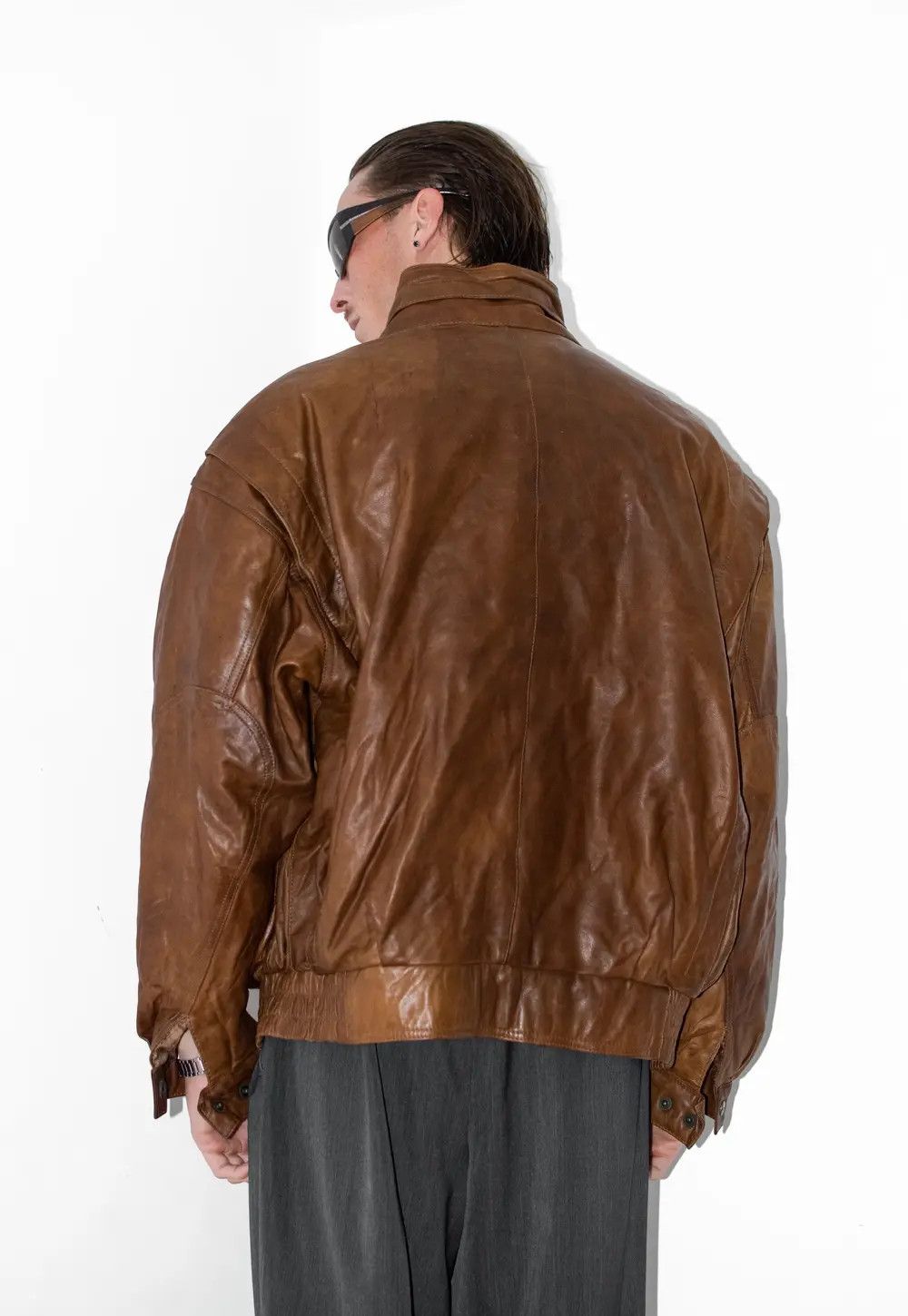 Japanese Brand × Vintage 90s Vintage Brown leather wool bomber jacket Size US XXL / EU 58 / 5 - 3 Thumbnail
