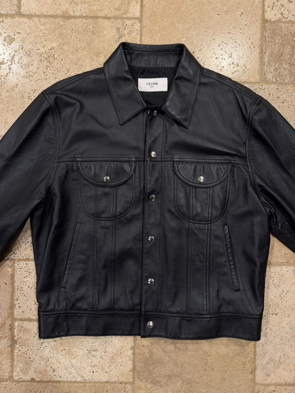 Celine Celine x Hedi SS23 Runway Bauhaus Leather Trucker Jacket Size US XL / EU 56 / 4 - 5 Thumbnail
