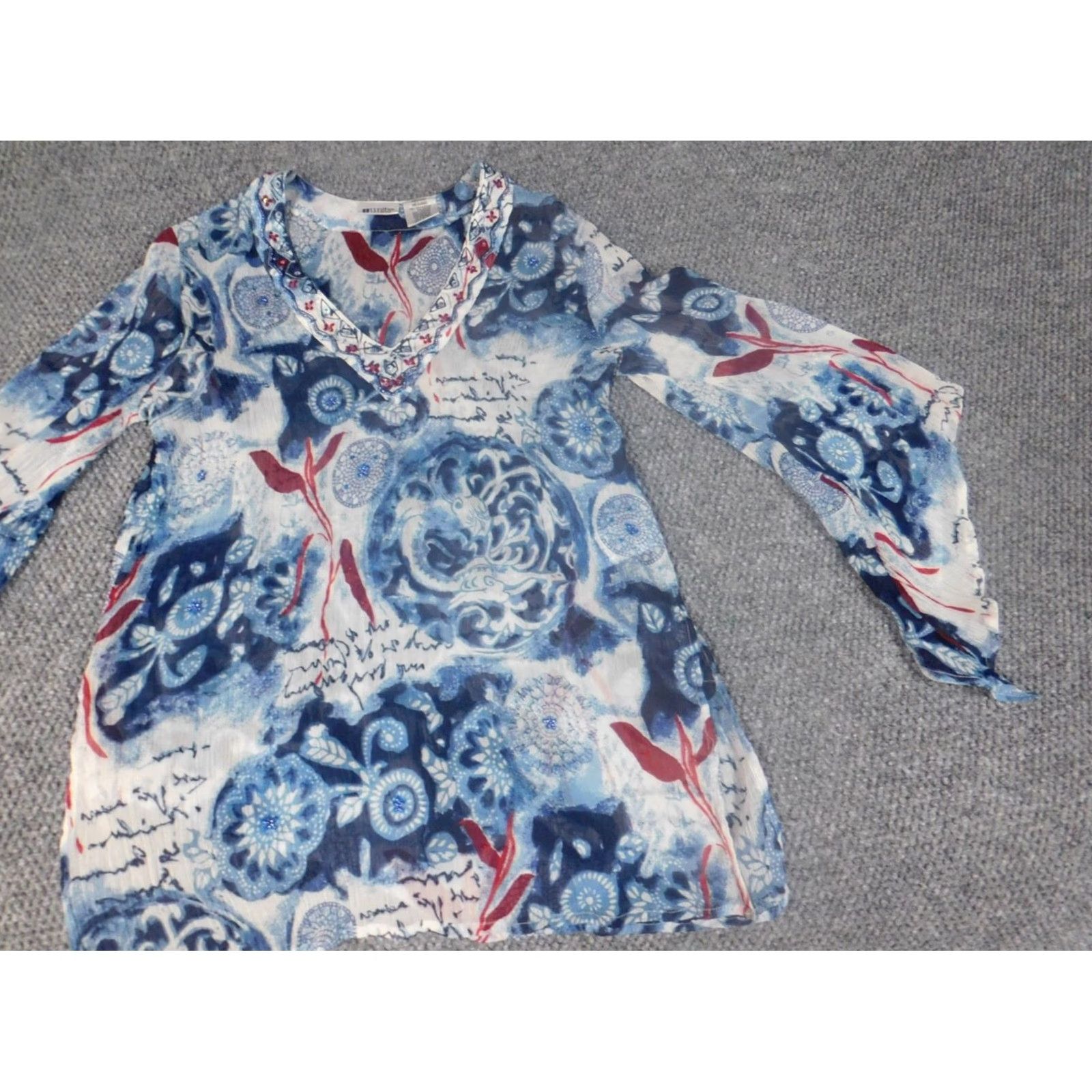 Vintage Crown & Ivy Blouse Women M Blue Floral Knit Polyester Crew Neck Long Sleeve Pullover Casual Regular Vintage No Size M / US 6-8 / IT 42-44 - 3 Thumbnail