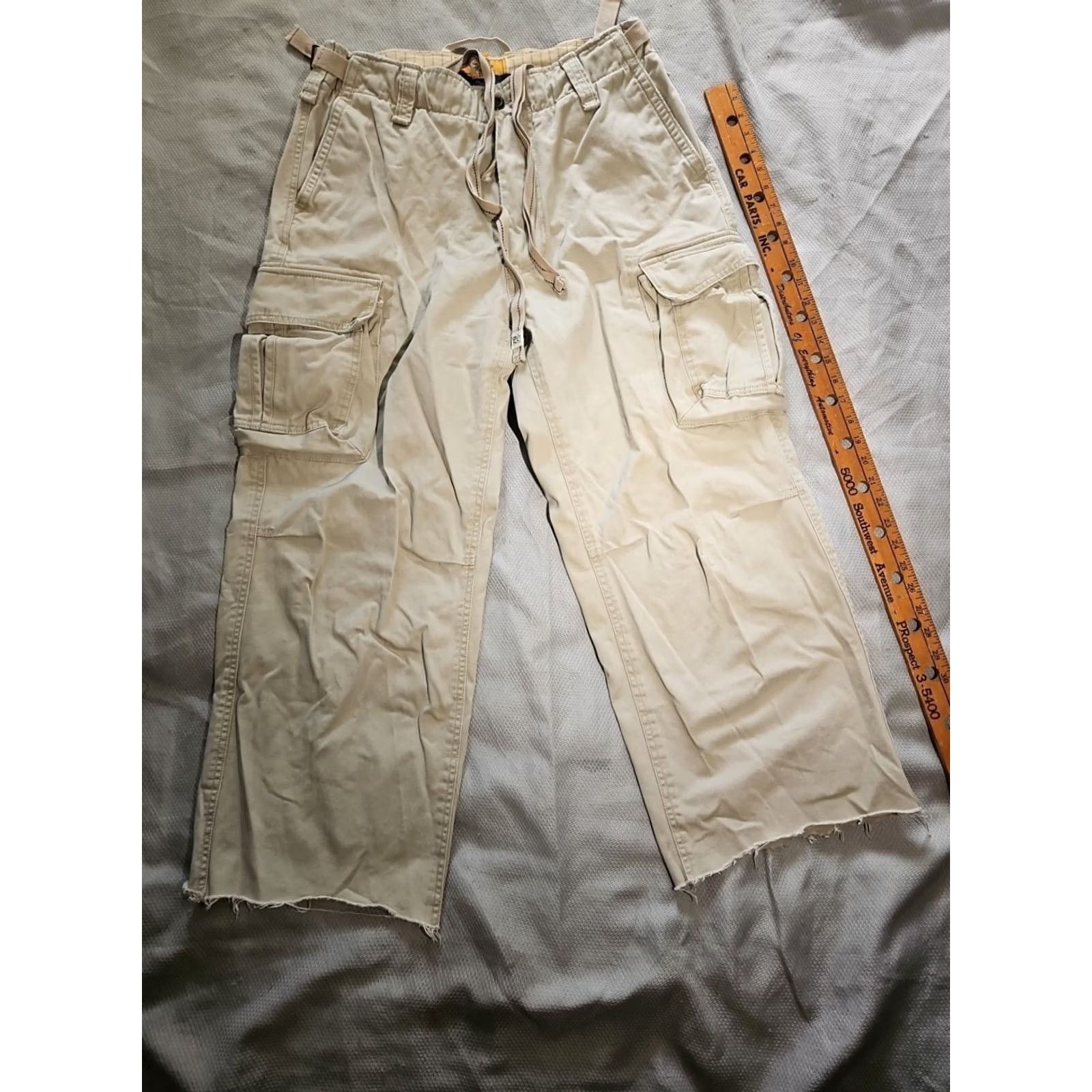 Denime VINTAGE Trailer Jeans Mens 34x32 Beige Pants Khaki Heavyweight Cargo Denim Distressed Hem Jeans Regular 5-Pocket Belt Loops Logo Zipper Mens Size US 34 / EU 50 - 2 Thumbnail