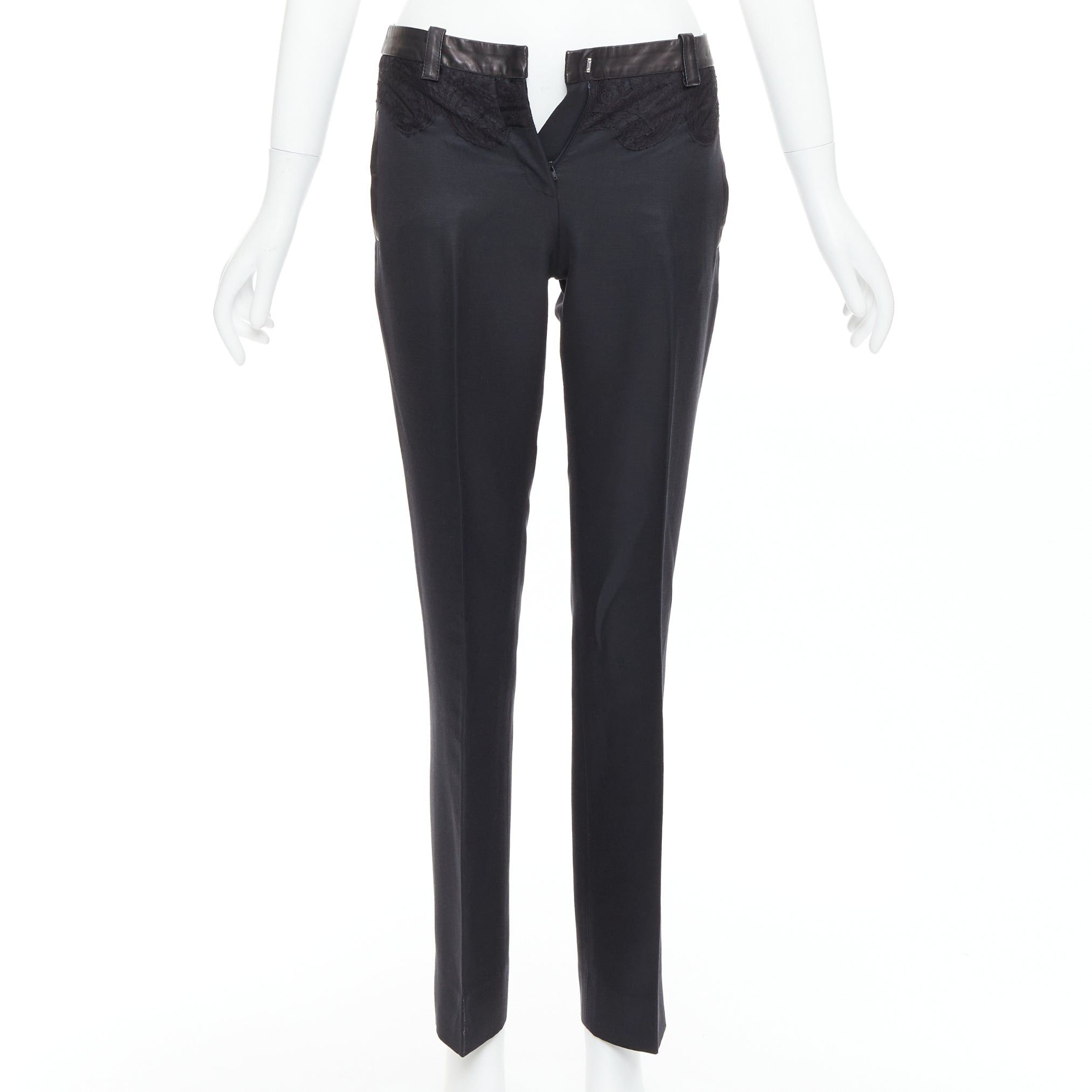 Versace VERSACE black cotton blend lace leather trim waist tapered trousers IT38 XS Size 26" / US 2 / IT 38 - 1 Thumbnail