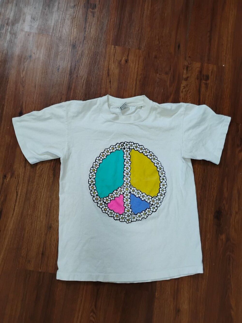 Anvil Vintage 90s Peace Sign Flower Power Neon T-Shirt Size US M / EU 48-50 / 2 - 2 Thumbnail