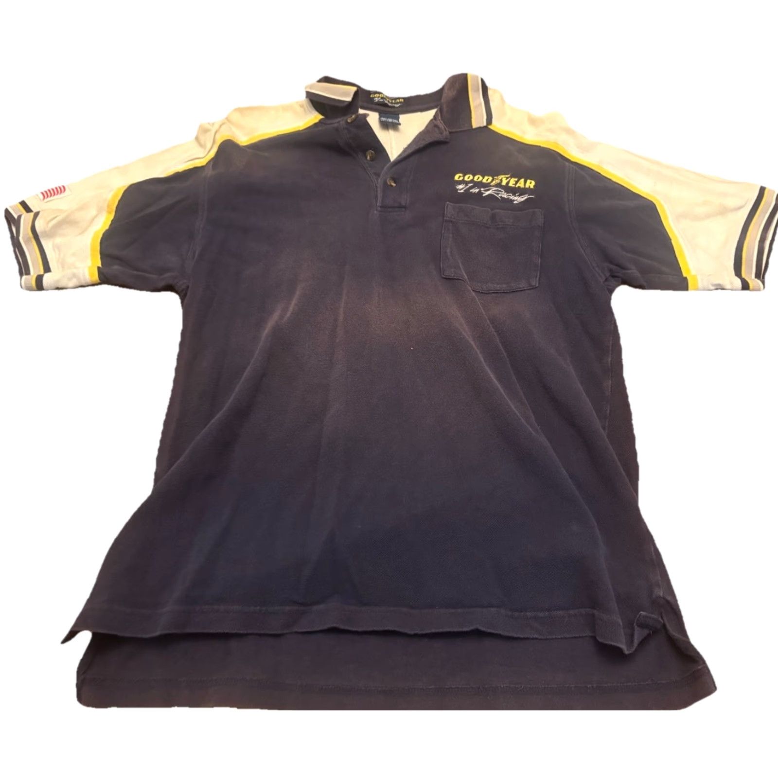 Vintage Goodyear Polo Shirt Mens L Blue Yellow Motorsports USA Flag Polo Shirt Goodyear Logo Embroidered Racing Size US L / EU 52-54 / 3 - 2 Thumbnail