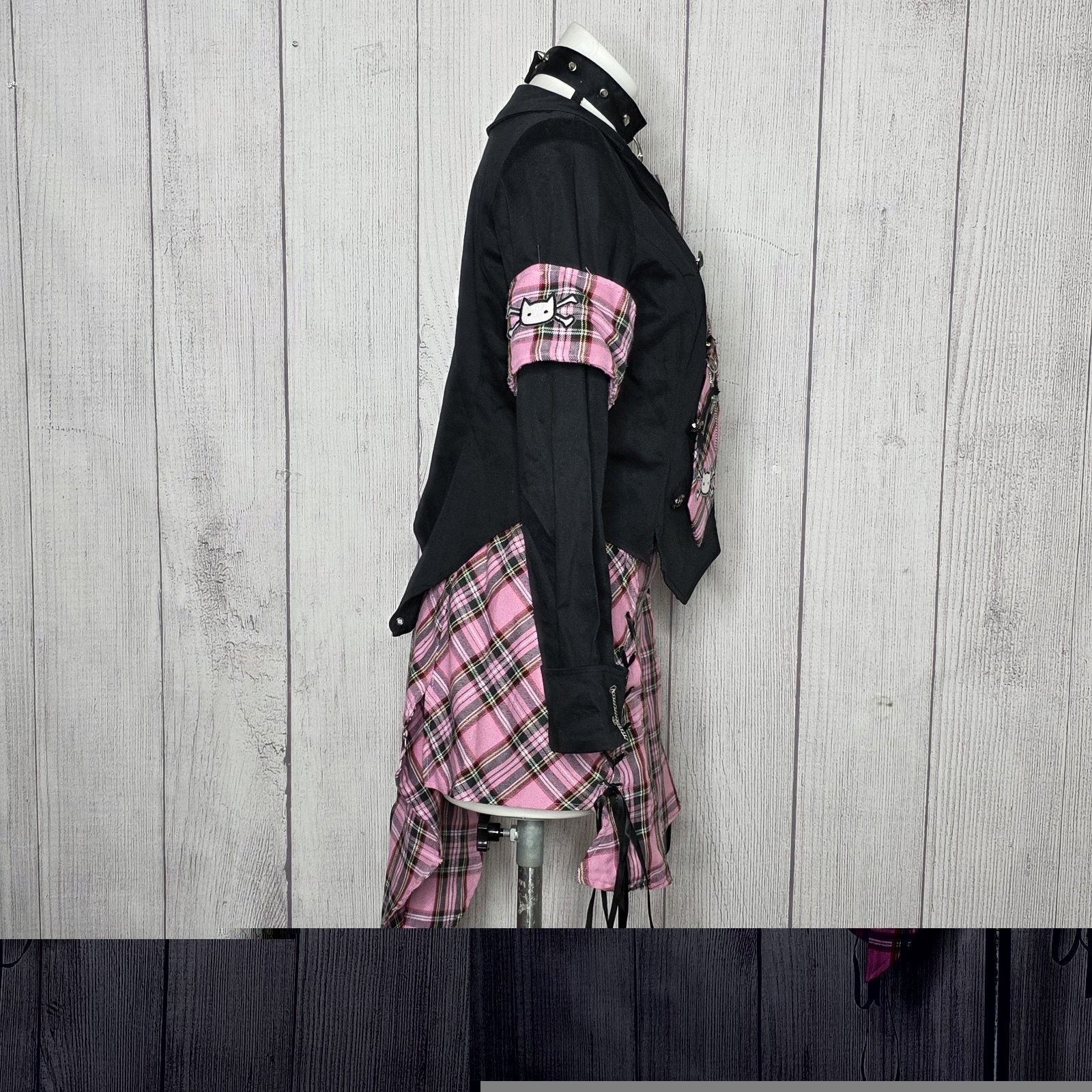 Vintage BODY LINE Y2K Lolita Goth Schoolgirl Plaid Skirt Tie Jacket Size 26" / US 2 / IT 38 - 2 Thumbnail