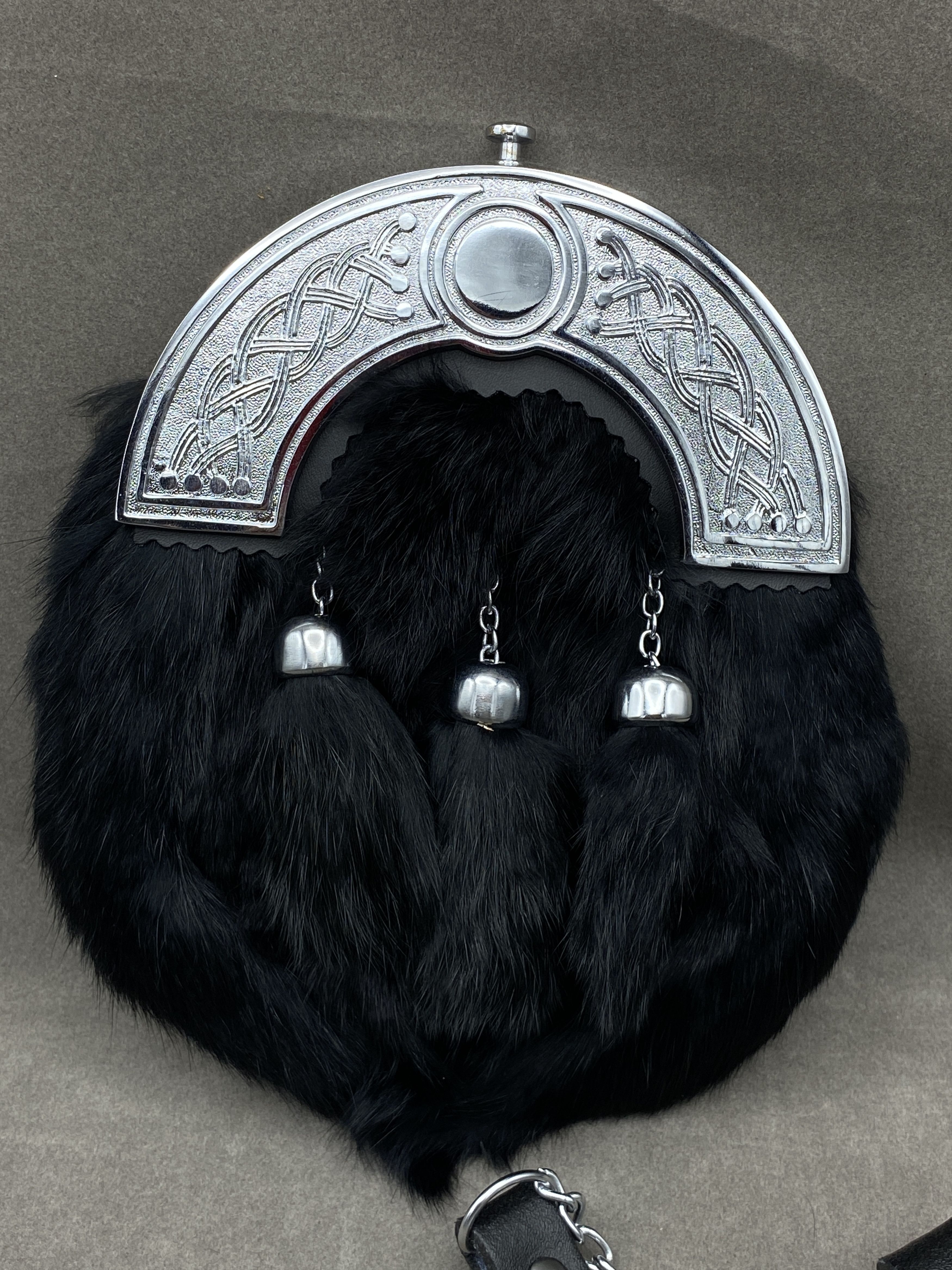 Leather × Other Chrome Head Triple Thistle Black Rabbit Fur Sporran Size ONE SIZE - 2 Thumbnail