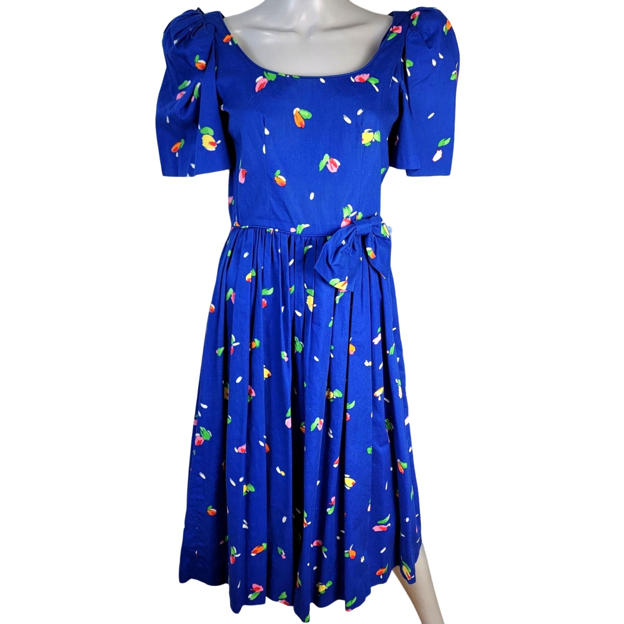 Vintage 80s Midi Dress Women Blue Colorful Floral Puff Sle
