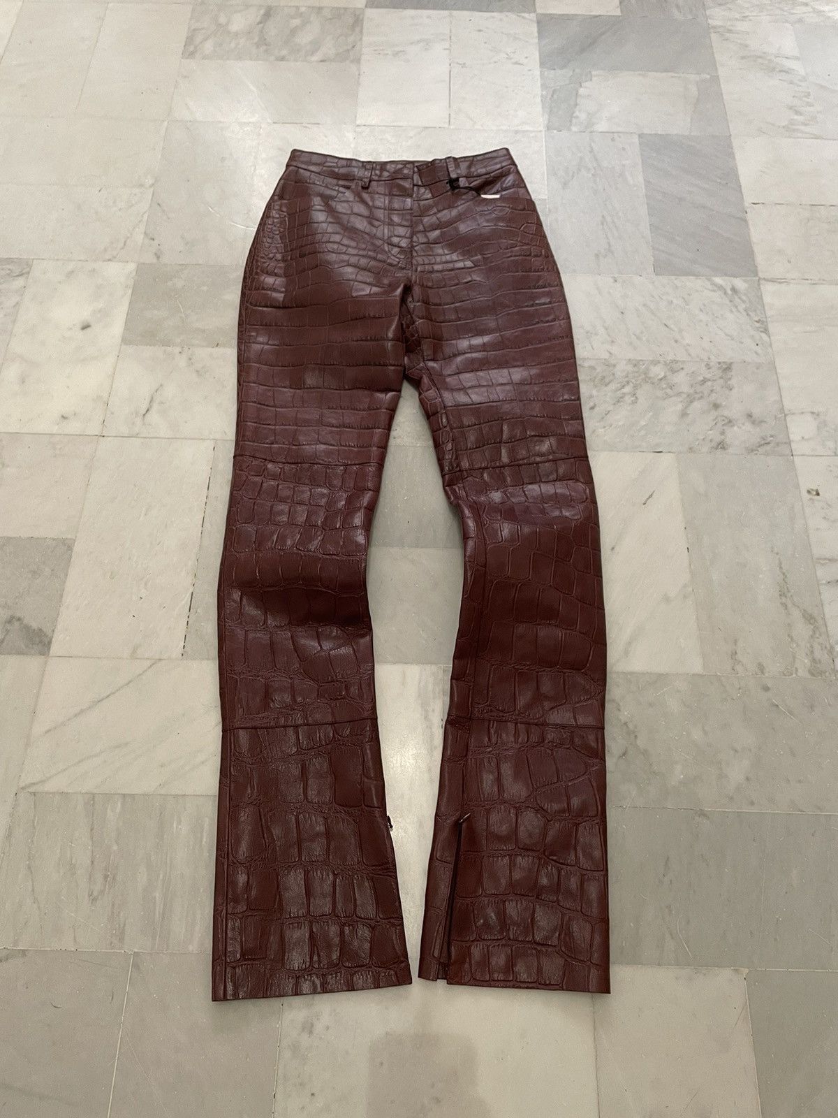 Roberto Cavalli Roberto Cavalli Runway Burgundy Croc-Embossed Leather Pants Size 27" / US 4 / IT 40 - 6 Thumbnail