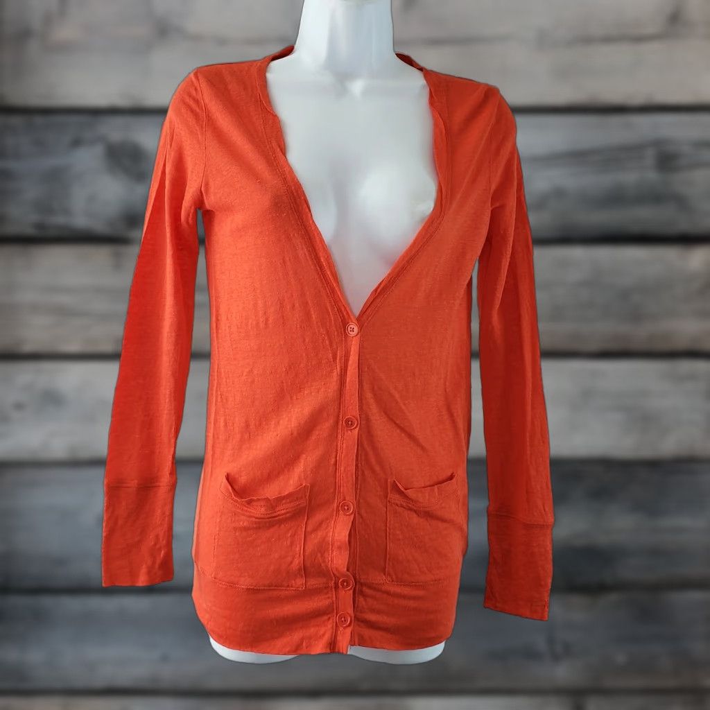 J.Crew J.CREW Womens Cardigan XS Orange Linen Button Front Long Sleeve Size XS / US 0-2 / IT 36-38 - 1 Thumbnail