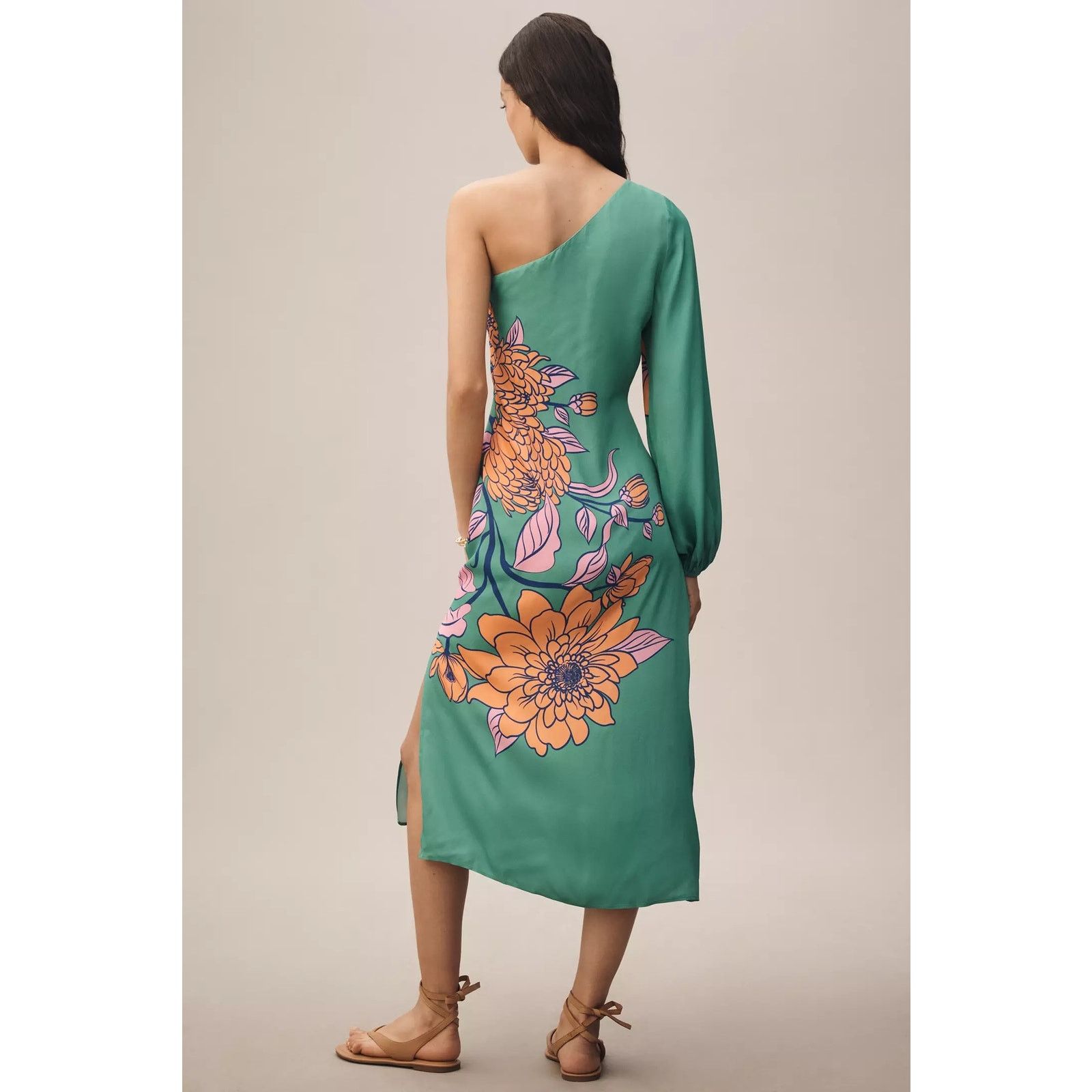 Anthropologie NWT Farm Rio One-Shoulder Floral Midi Dress $248 LP Green Size L / US 10 / IT 46 - 3 Thumbnail