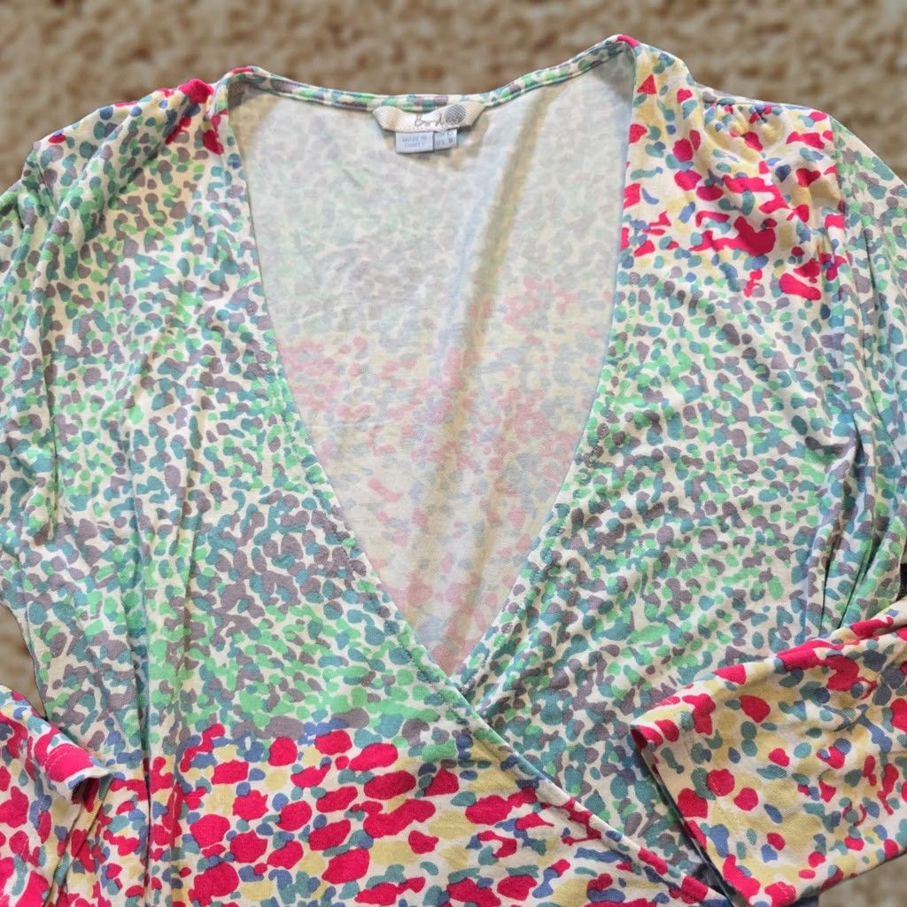 Boden Boden Blouse Women's Size 8 Green Pink V-Neck Faux Wrap Long Sleeve Stretch Casual Jersey Geometric Pattern Regular Fit Size M / US 6-8 / IT 42-44 - 1 Thumbnail