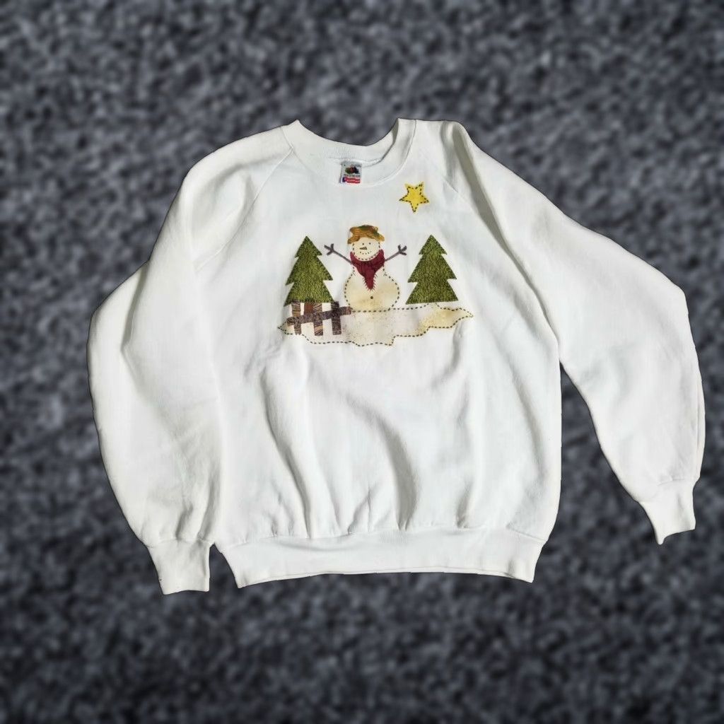 Fruit Of The Loom VINTAGE Fruit of the Loom Christmas Tree Sweatshirt Mens L White Cotton Blend Crew Neck Pullover Size US L / EU 52-54 / 3 - 1 Thumbnail