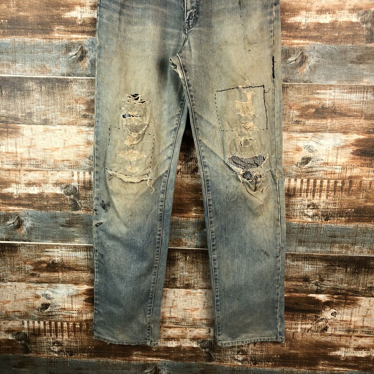 GL Hearth Blue patchwork Distressed Denim Pants #A2177