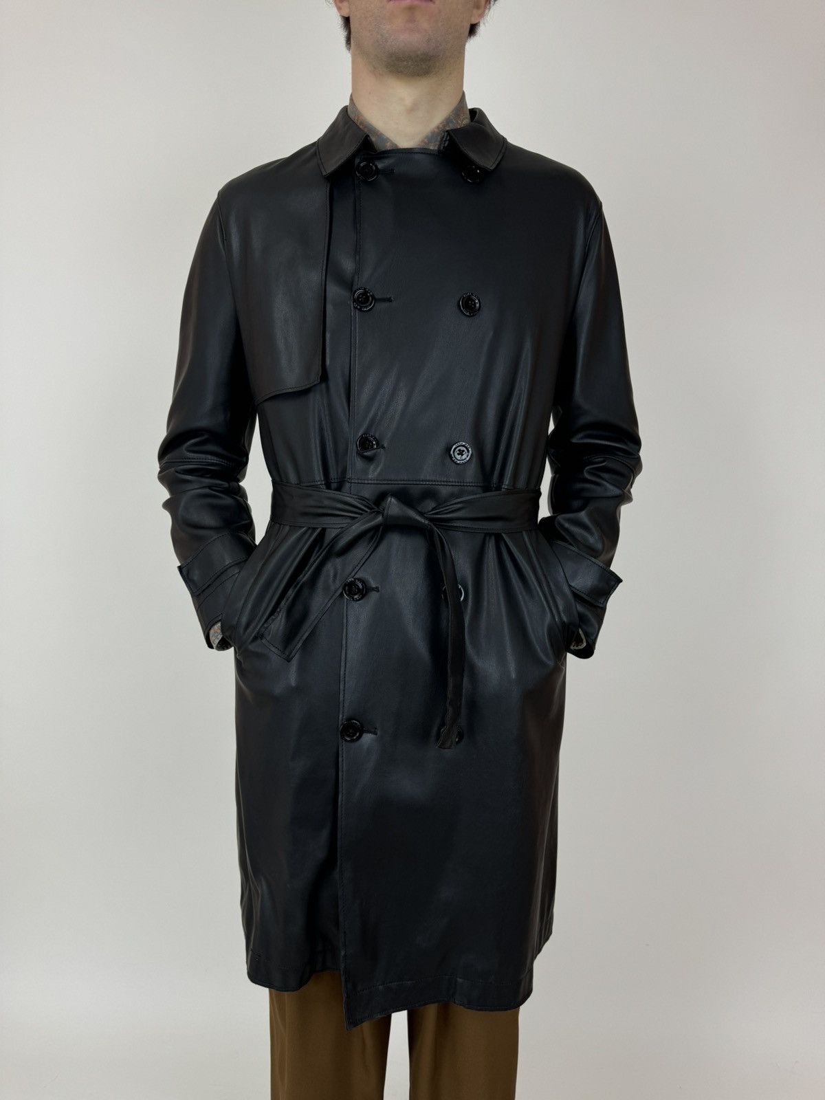 ZARA Faux Leather Trench Coat Mens Old Money Preppy Style