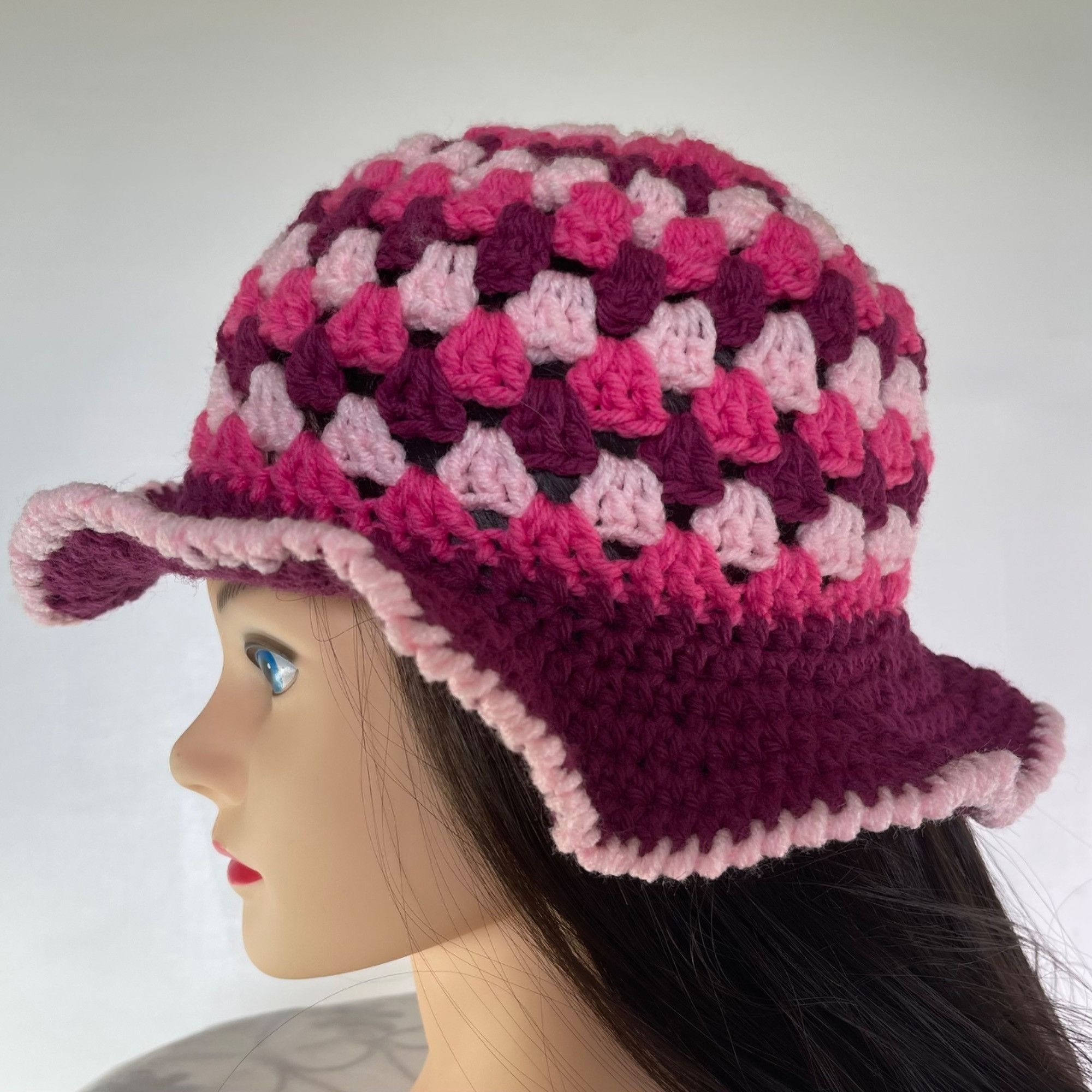 Handmade Crochet Bucket Hat Granny Square Pattern Burgundy and Pinks Size ONE SIZE - 2 Thumbnail