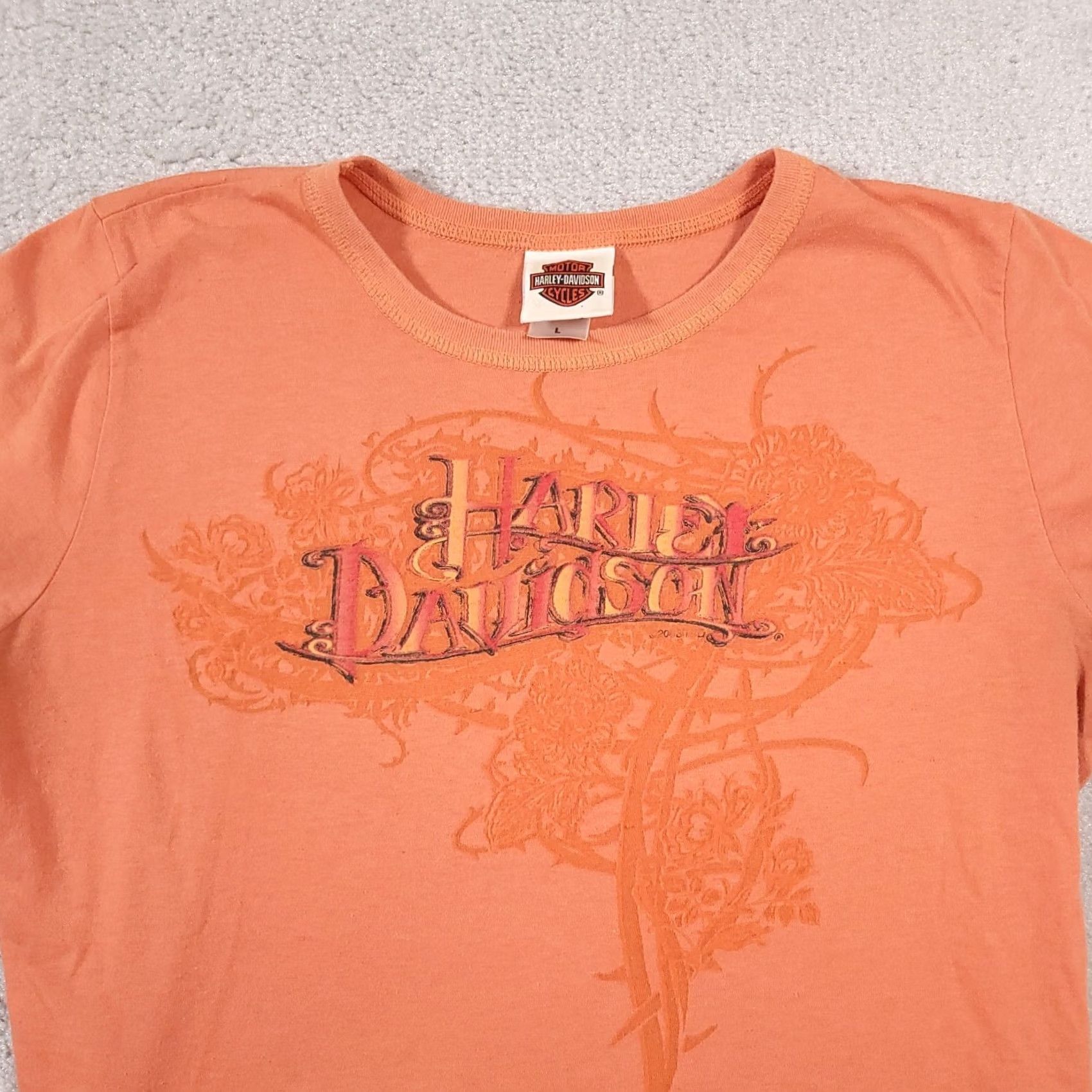 Harley Davidson Harley-Davidson Shirt Women's Large Orange Motorcycle Short Sleeve Grunge USA Shirt T-Shirt 80s 90s Biker Mens Womens Girls Size L / US 10 / IT 46 - 3 Thumbnail