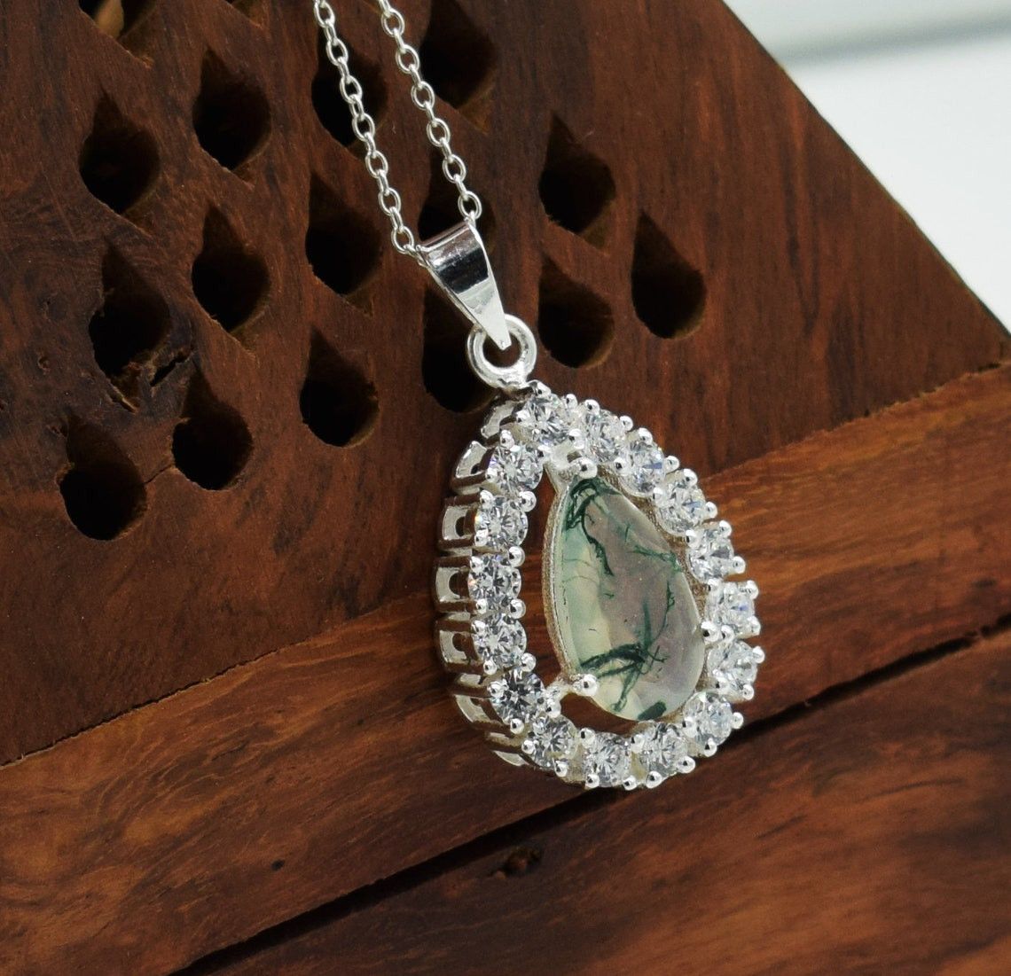 Handmade Natural Pear Moss Agate Gemstone Pendant, Bridal Gift Idea Size ONE SIZE - 7 Thumbnail