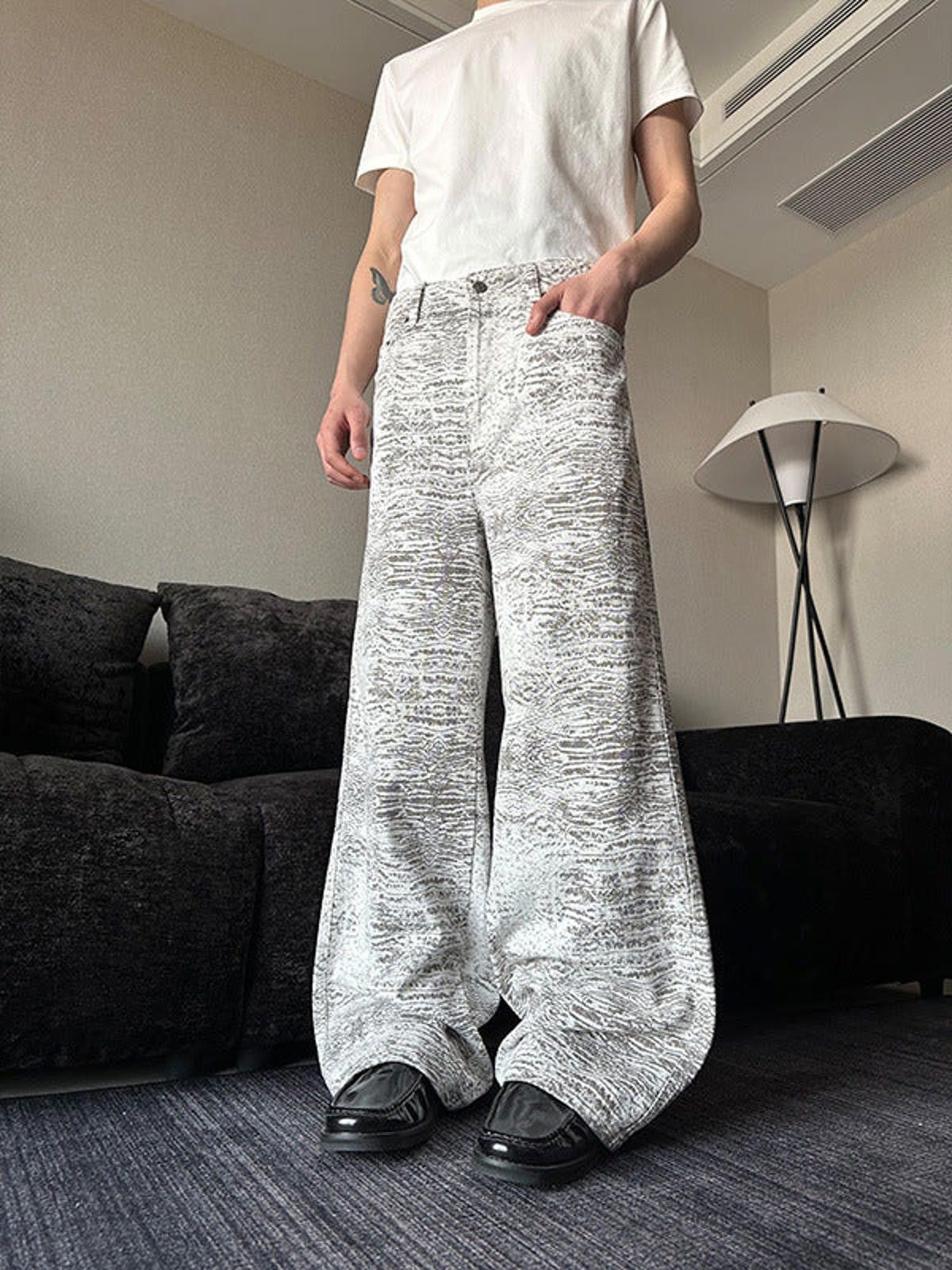 Japanese Brand White Gray Wide Leg Jeans, Baggy Loose Fit Pants Size US 32 / EU 48 - 4 Thumbnail