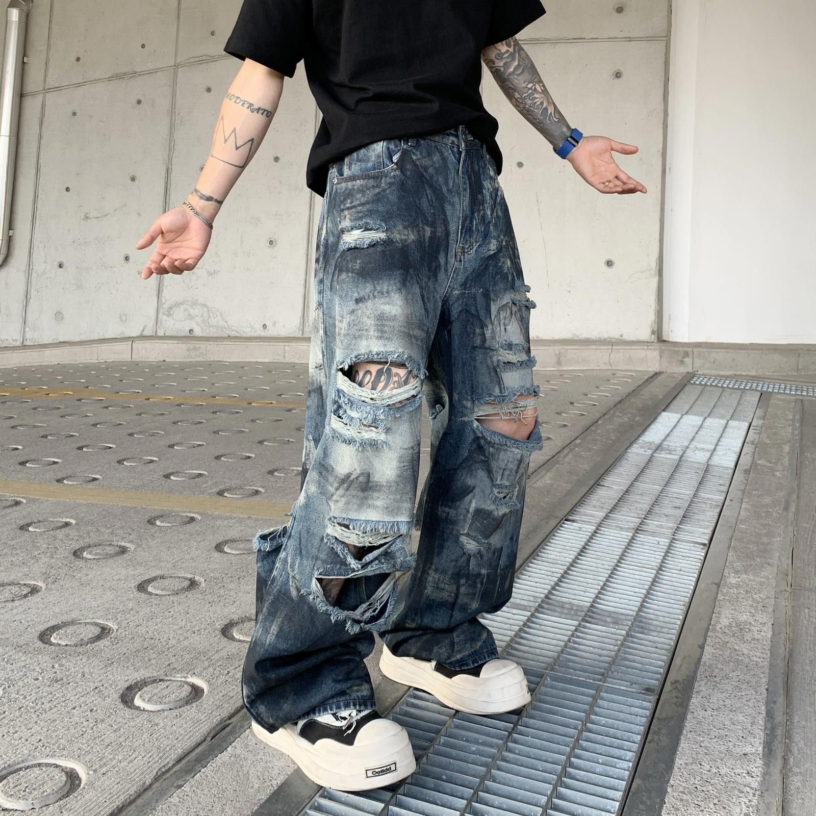 Japanese Brand Distressed Baggy Wide Leg Denim Jeans, Ripped Jeans Size US 30 / EU 46 - 3 Thumbnail
