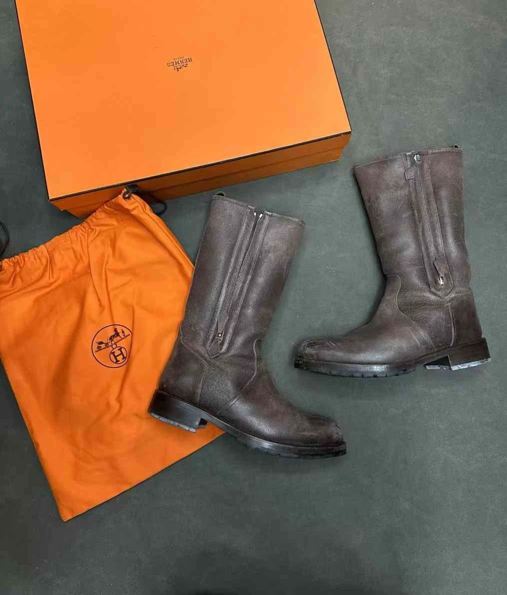 Hermes Knee-High Vintage Distressed Lambskin Boots 9