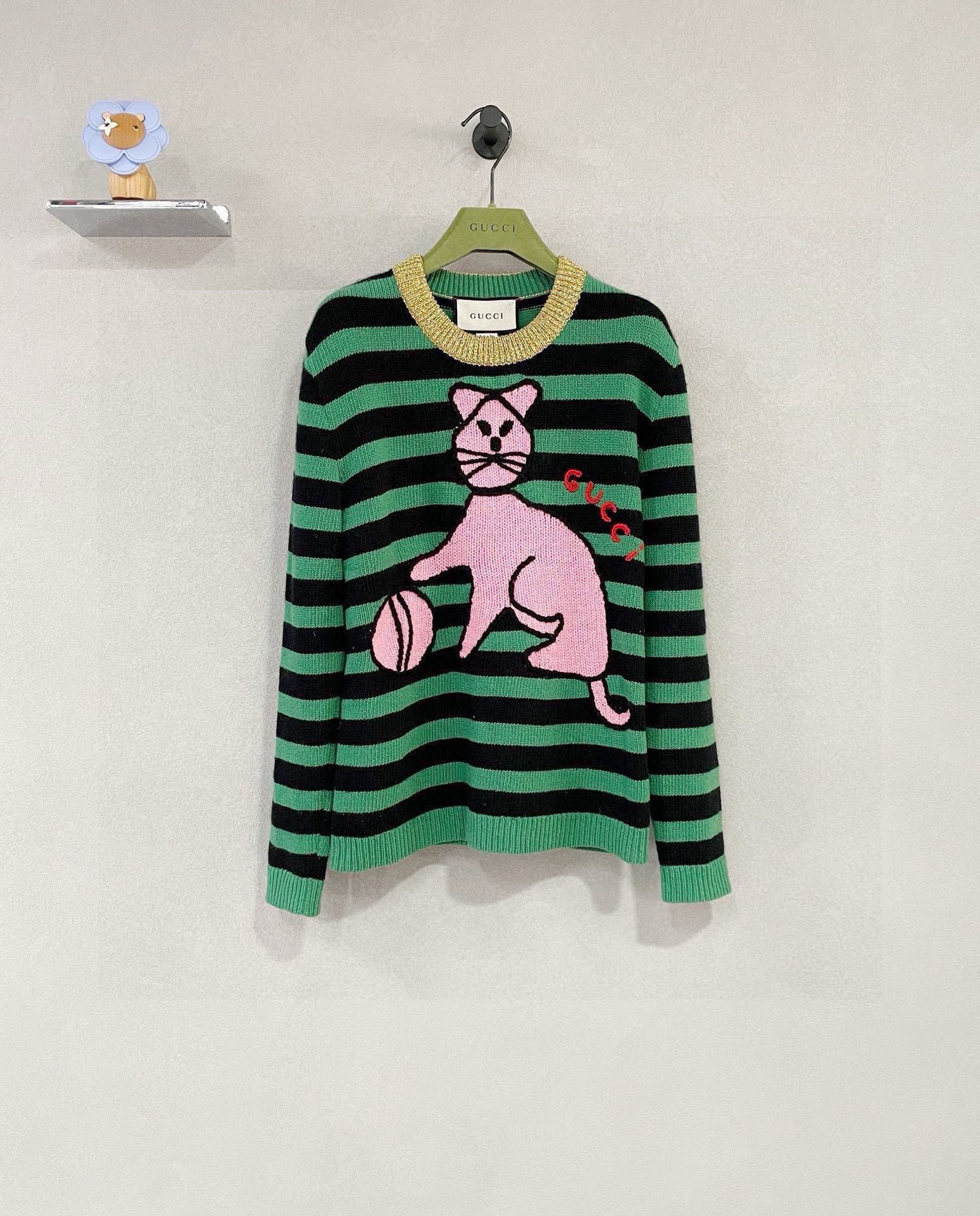 Gucci Gucci Black and green striped color-blocked cat sweater 250 Size US XXS / EU 40 - 1 Thumbnail