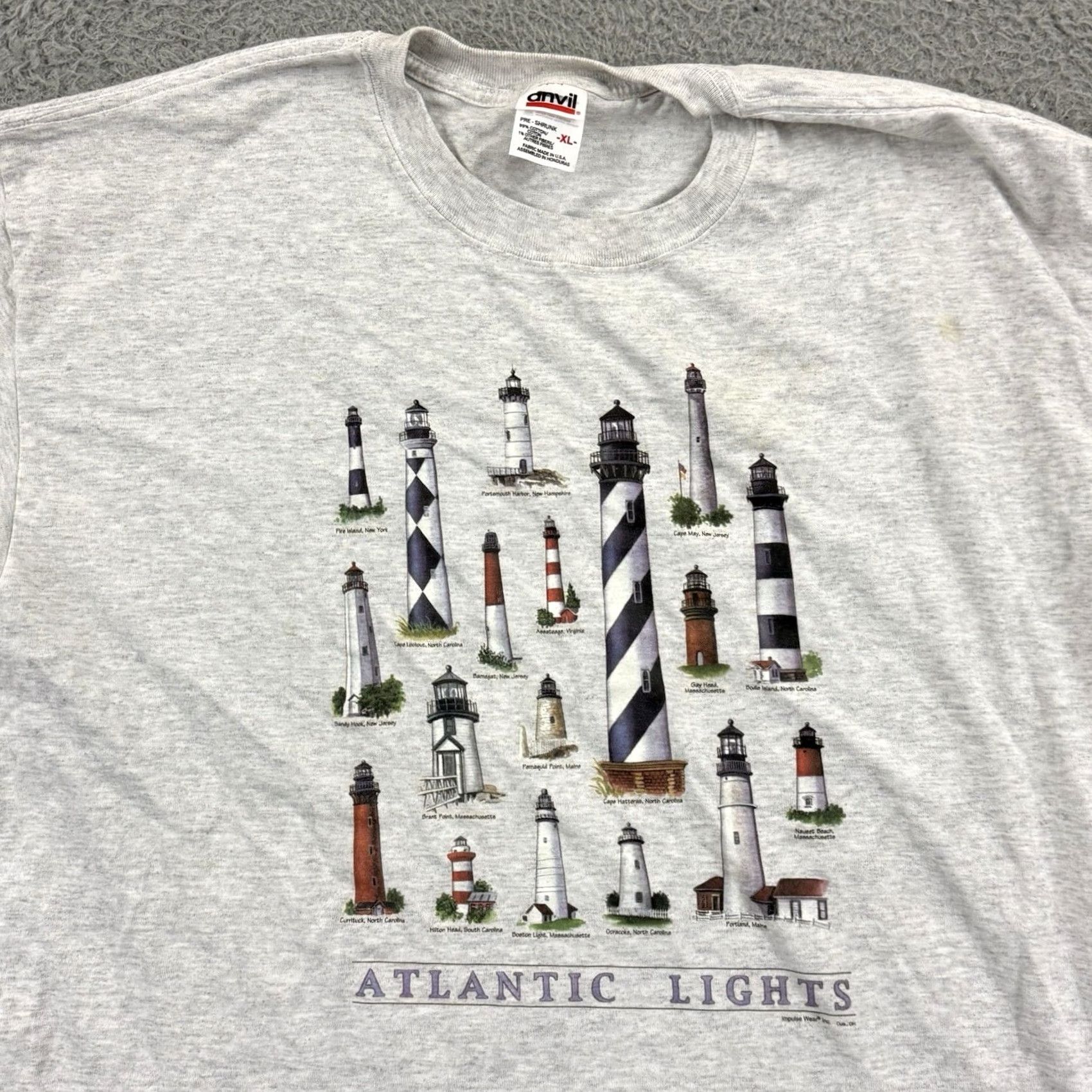 Anvil VINTAGE Atlantic Lighthouses Shirt Mens XL Gray Short Sleeve 90s Travel Outdoor 80s 90s Logo Graphic Print Angel Anvil Cotton Knit Size US XL / EU 56 / 4 - 3 Thumbnail