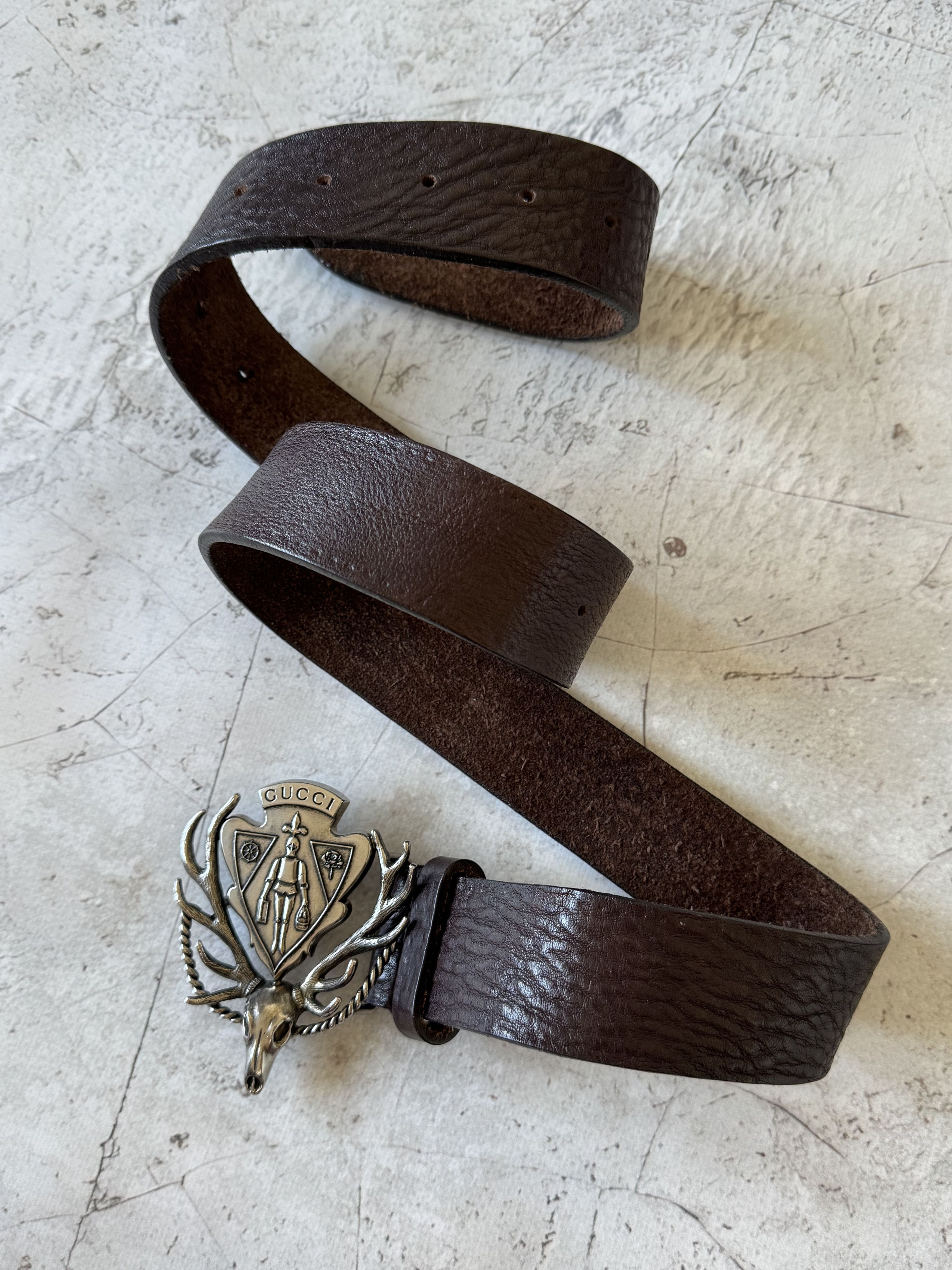 Gucci Gucci Calfskin Leather Silver Antler Crest Buckle Belt Size 34 - 1 Thumbnail
