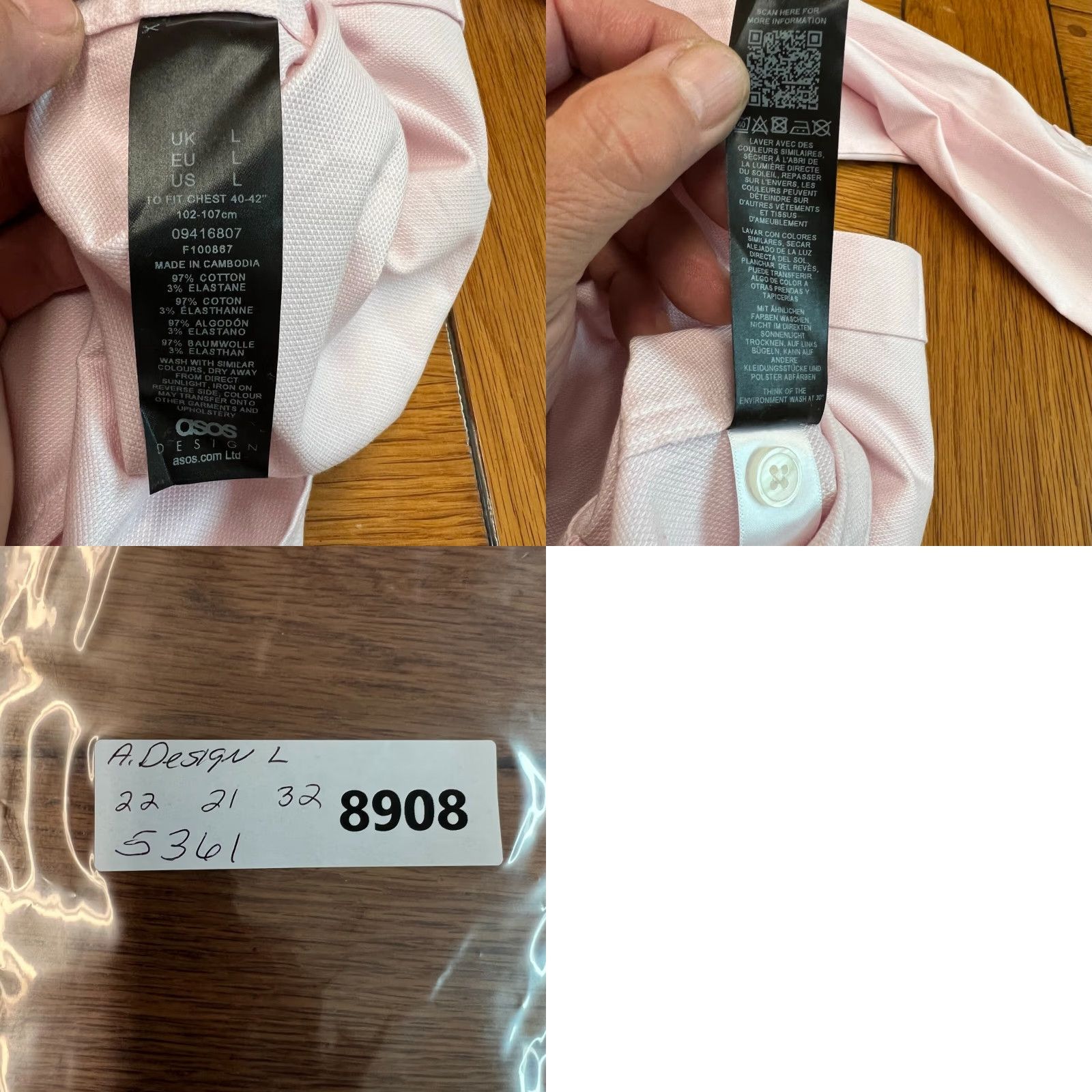 Asos ASOS Design Dress Button-Up Shirt Mens L Pink Cotton Blend Herringbone Knot Buttons 90s Style Mens Size 42R - 8 Thumbnail