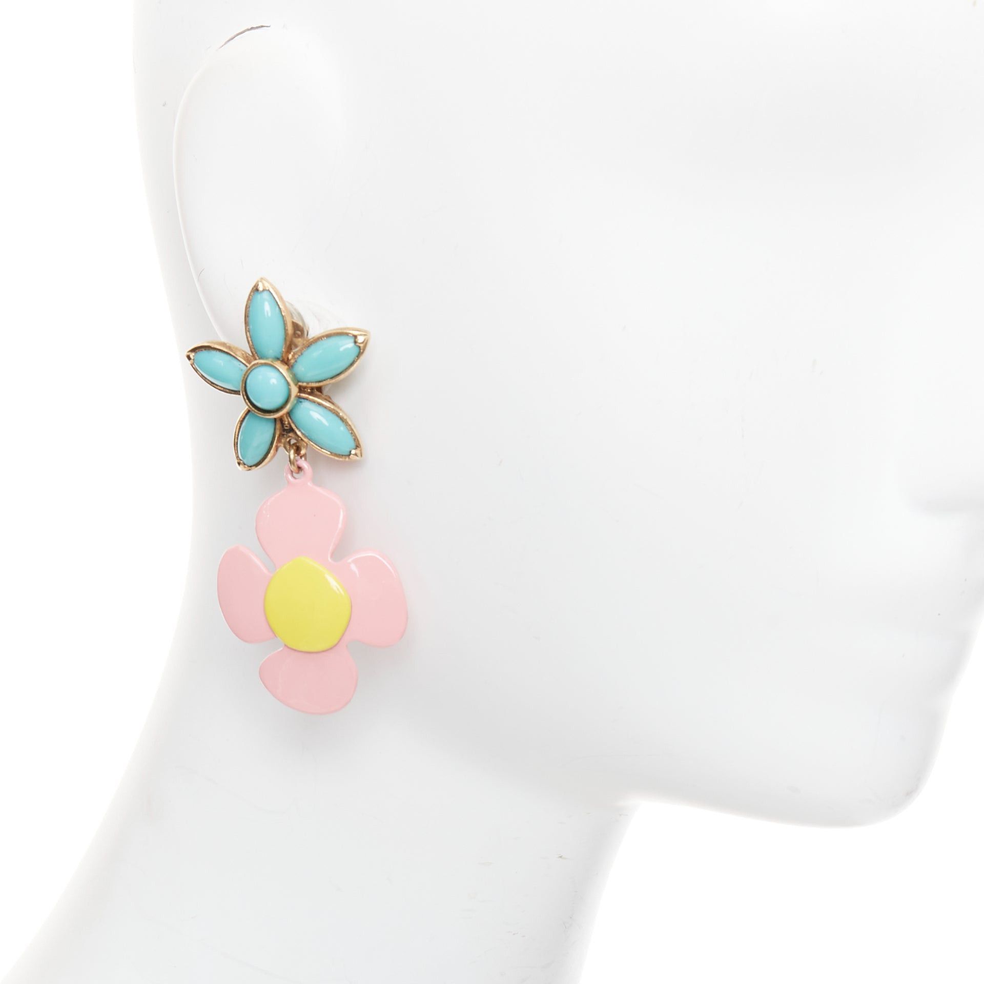 Saint Laurent Paris SAINT LAUERNT 2021 Runway turquoise stone pink daisy enamel clip earrings Pair Size ONE SIZE - 1 Thumbnail