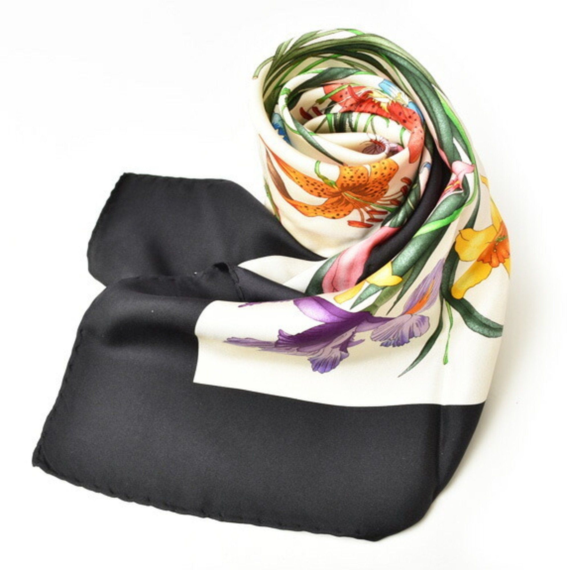 image of Gucci Scarf Muffler Silk Black White Flower Multi, Women's