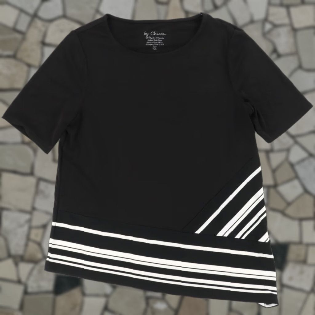 Vintage Chicos Shirt Black Women's 1 Chicos Asymmetrical Stripe Tunic Stretch Solid Shirt 18in Chest 26in Length Womens Size XS / US 0-2 / IT 36-38 - 1 Thumbnail