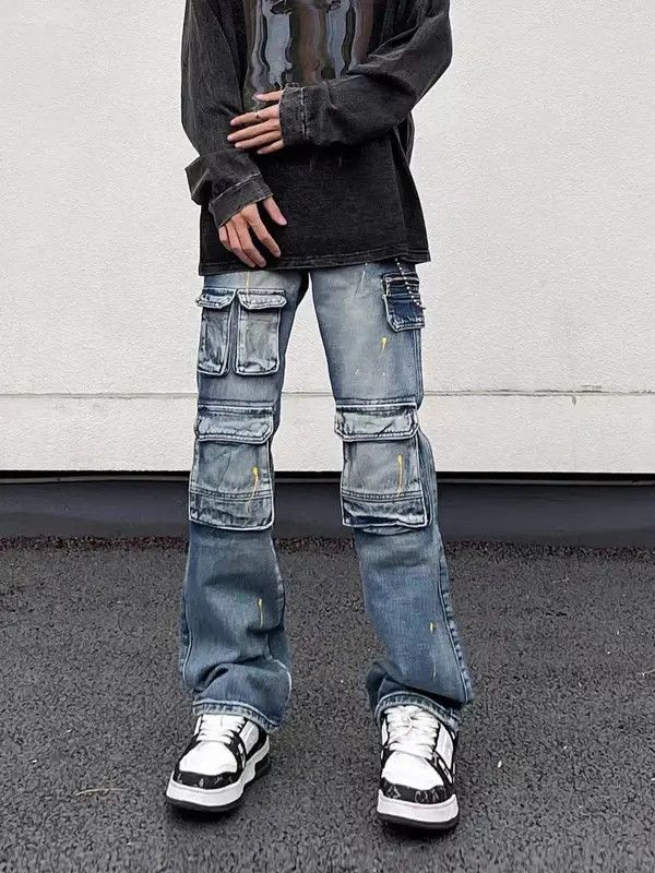 Japanese Brand Retro workwear multi-pocket logging side splash jeans Size US 31 - 3 Thumbnail