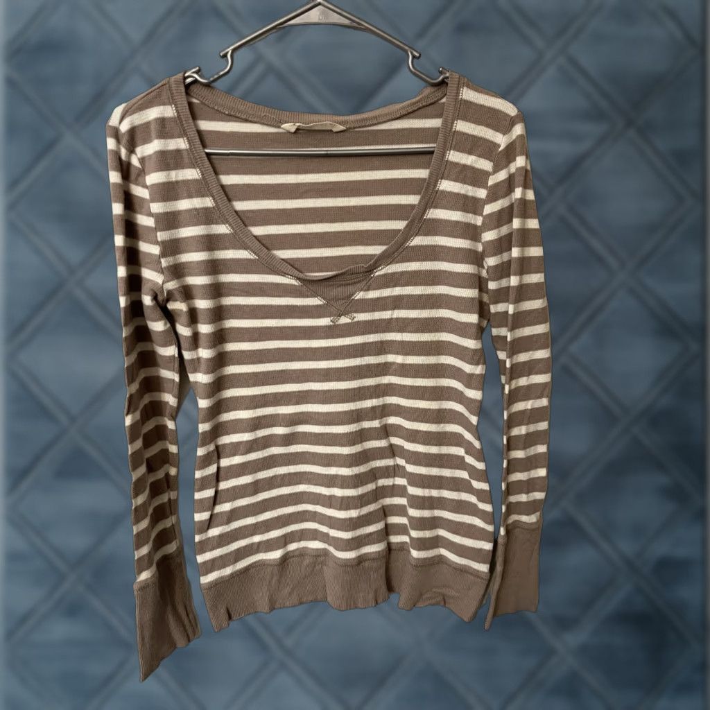 Old Navy Old Navy Scoop Neck Long Sleeve Striped Tan Sweater Size Large Size L / US 10 / IT 46 - 1 Thumbnail