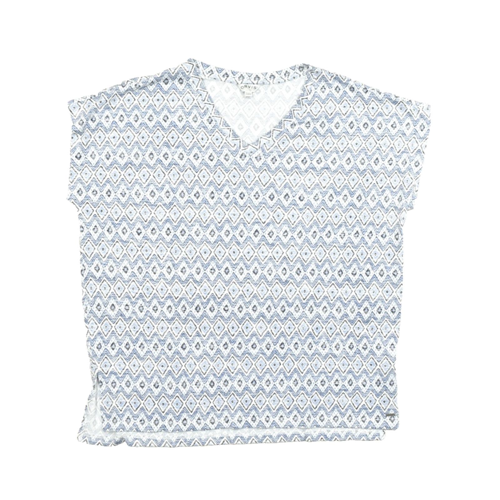 Orvis Orvis Blouse Womens XXL Blue White Geometric Print V-Neck Short Sleeve Button Size 40" / US 18 - 2 Thumbnail