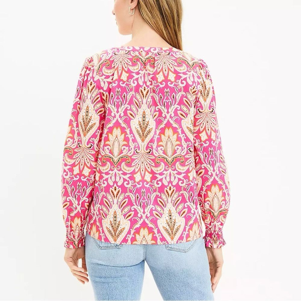 Loft NWT New LOFT Paisley Smocked Cuff V-Neck Cotton Blend Blous Size XS / US 0-2 / IT 36-38 - 2 Thumbnail