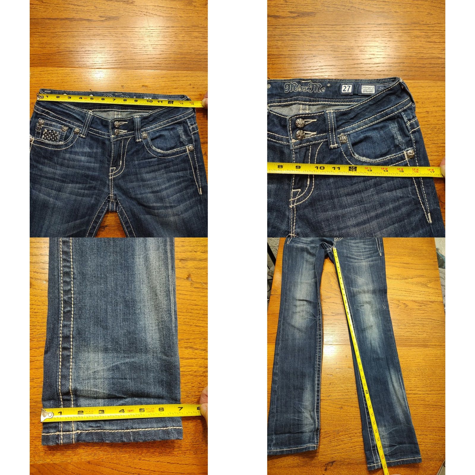Miss Me Miss Me Jeans Size 27 Straight Denim 5-Pocket Embellished Rhinestone Low Rise Biker Flap Pocket Blue Womens Size 27" / US 4 / IT 40 - 8 Thumbnail